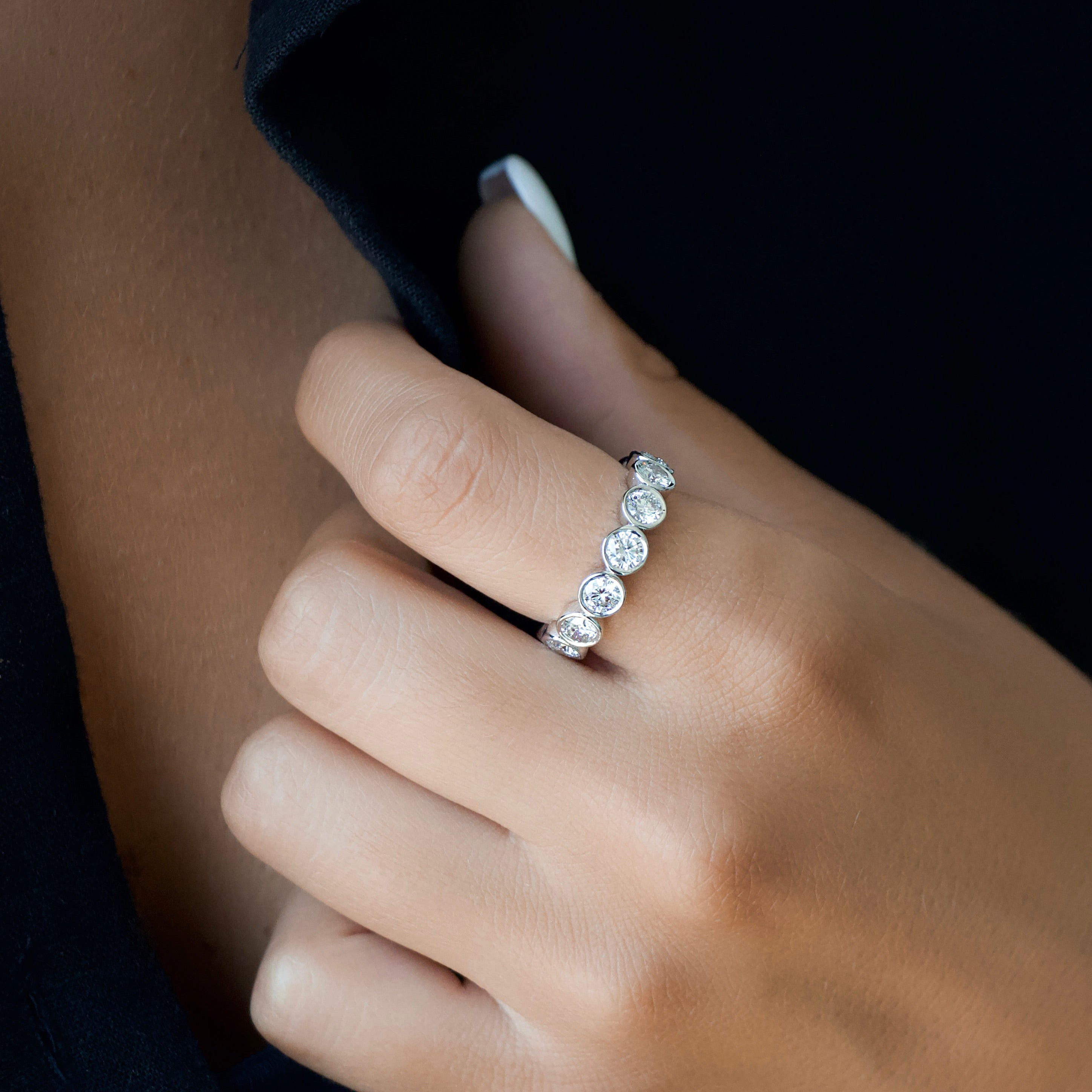 White :: 3.5 carat round bezel set lab grown diamond eternity ring white gold full diamond band