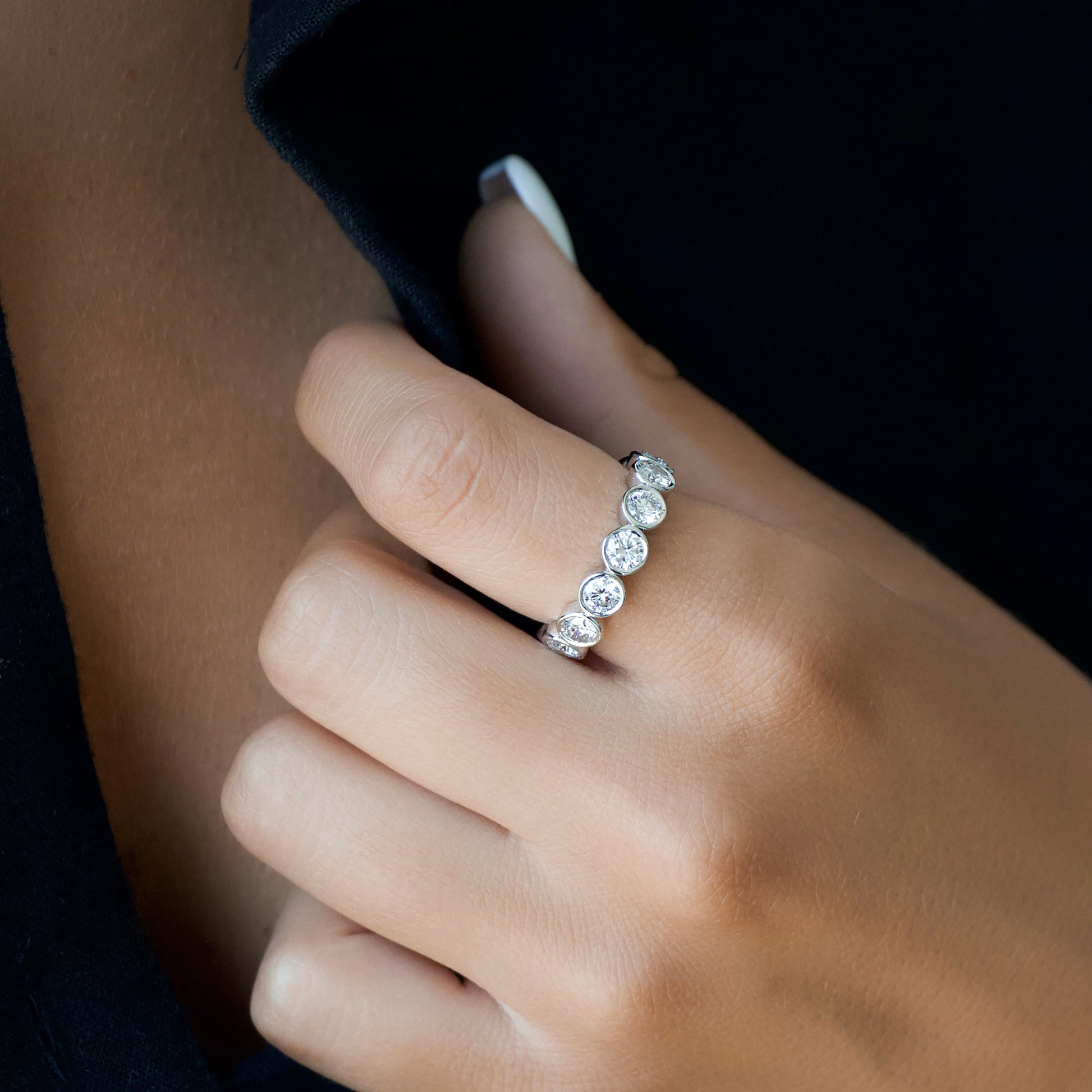 White :: 3.5 carat round bezel set lab grown diamond eternity ring white gold full diamond band
