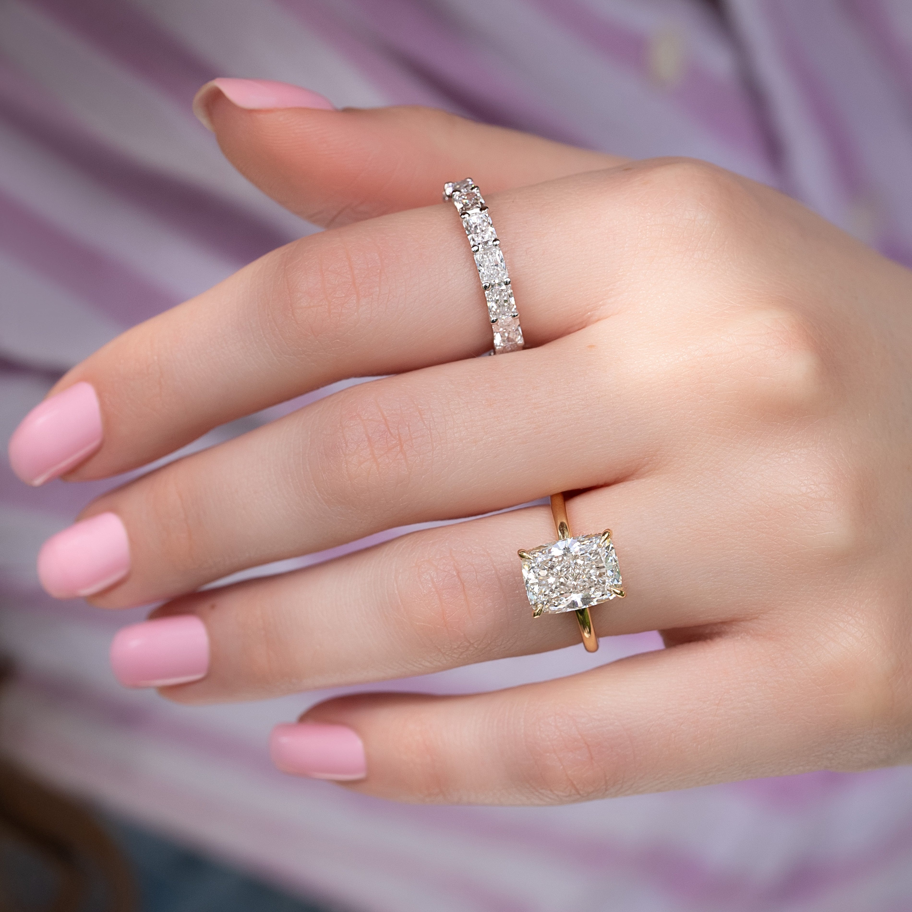 White :: 4 carat radiant east west lab grown diamond u prong eternity ring white gold full diamond band