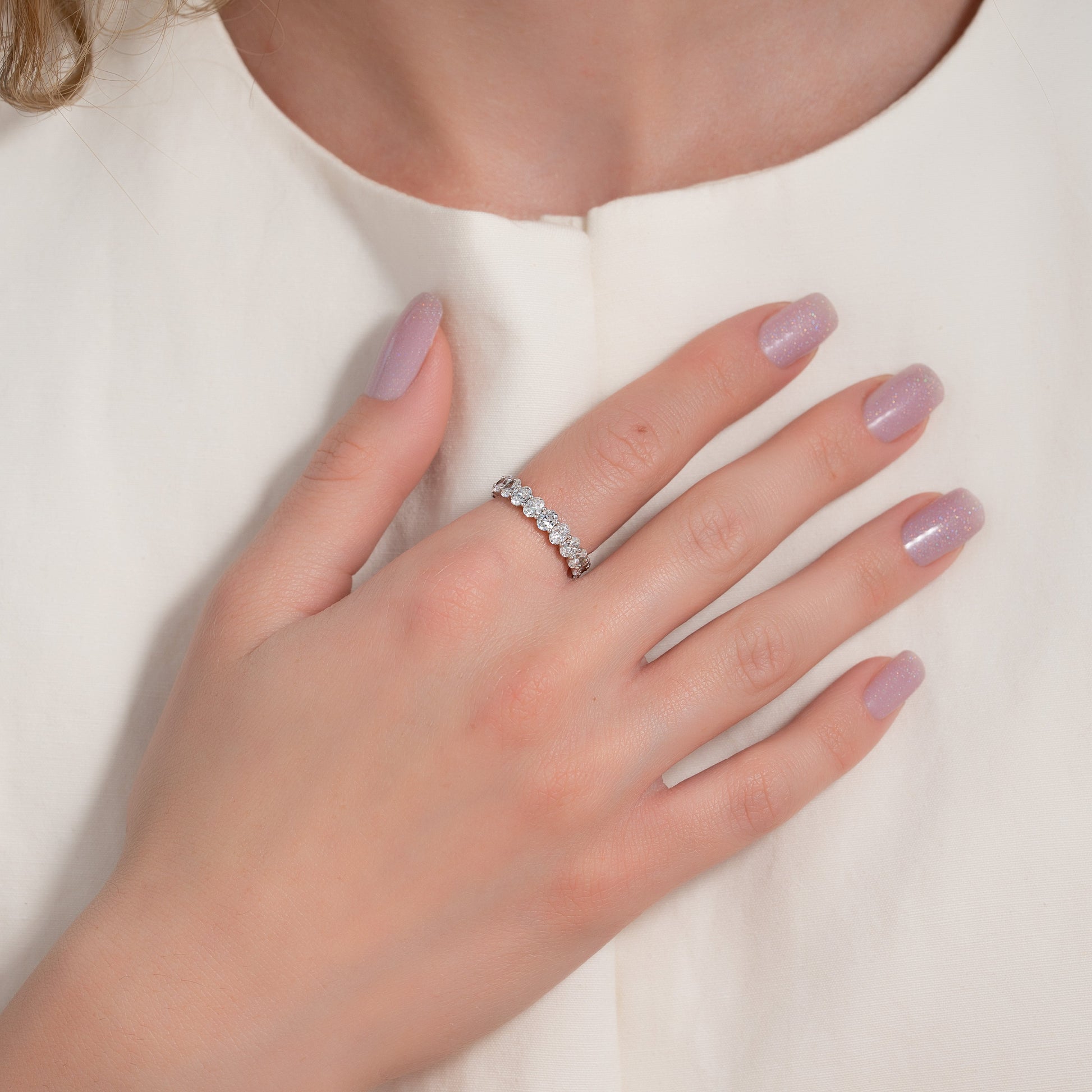 White :: IGI certified 3ct oval lab diamond eternity ring white gold classic full band