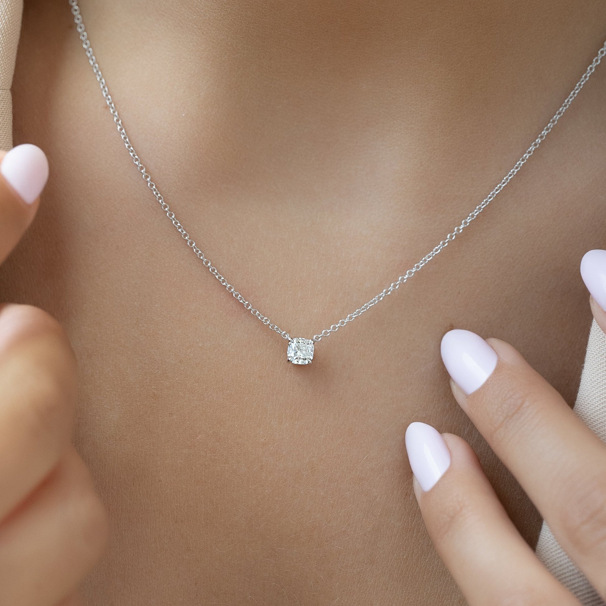 white :: 1.5 ct cushion lab diamond pendant crafted in premium white gold