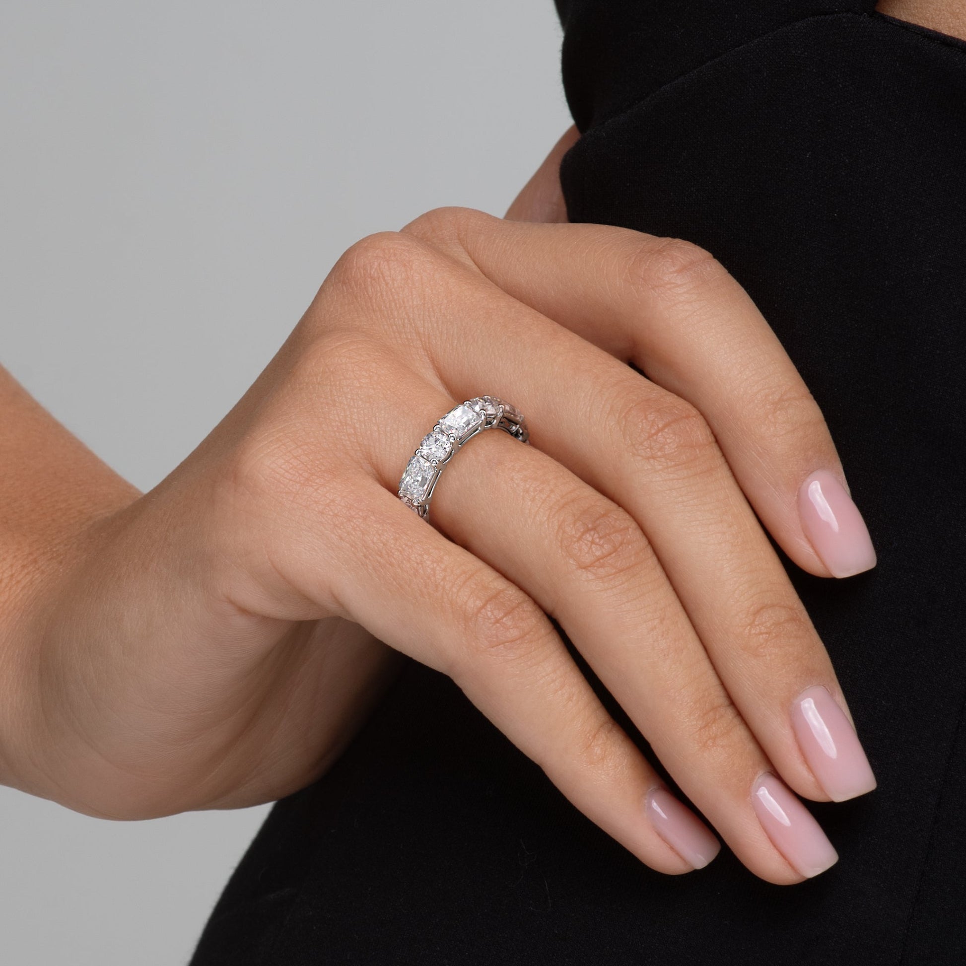 White :: IGI certified 5.7ct alternating radiant and round lab diamond eternity ring white gold designer band