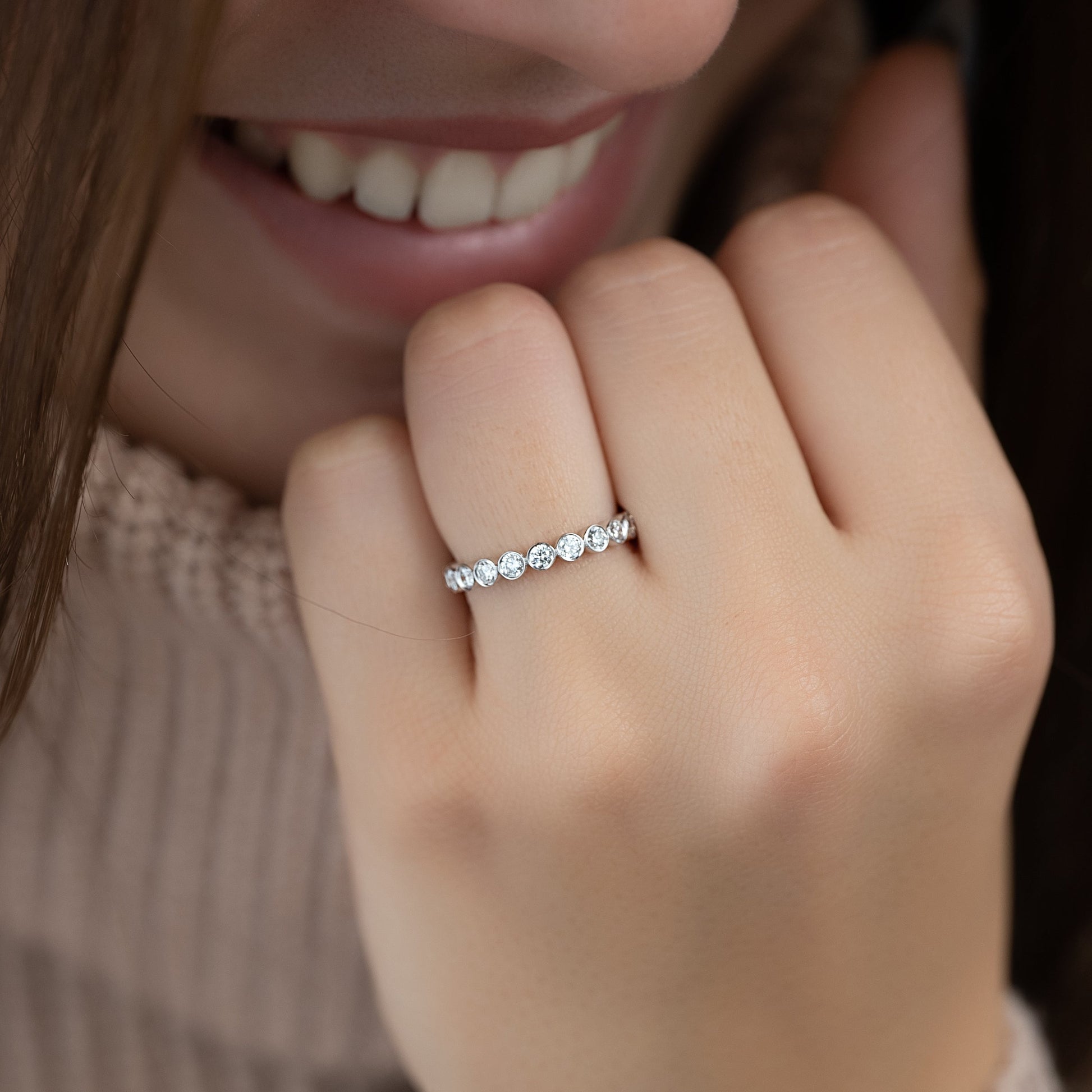 White :: IGI certified 1ct round lab diamond bezel eternity ring white gold minimalist band