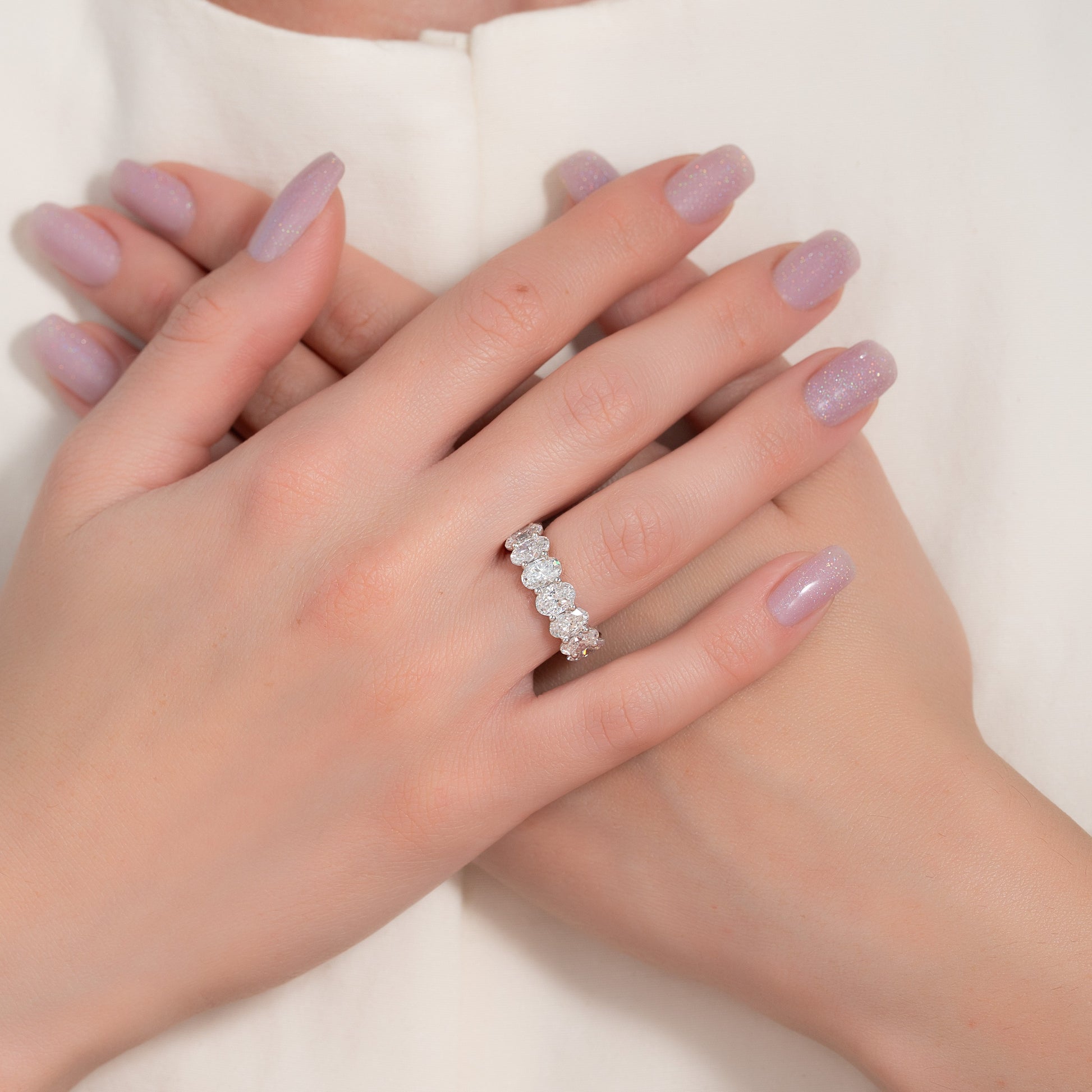 White :: IGI certified 7ct oval lab diamond eternity ring white gold ultra premium full band