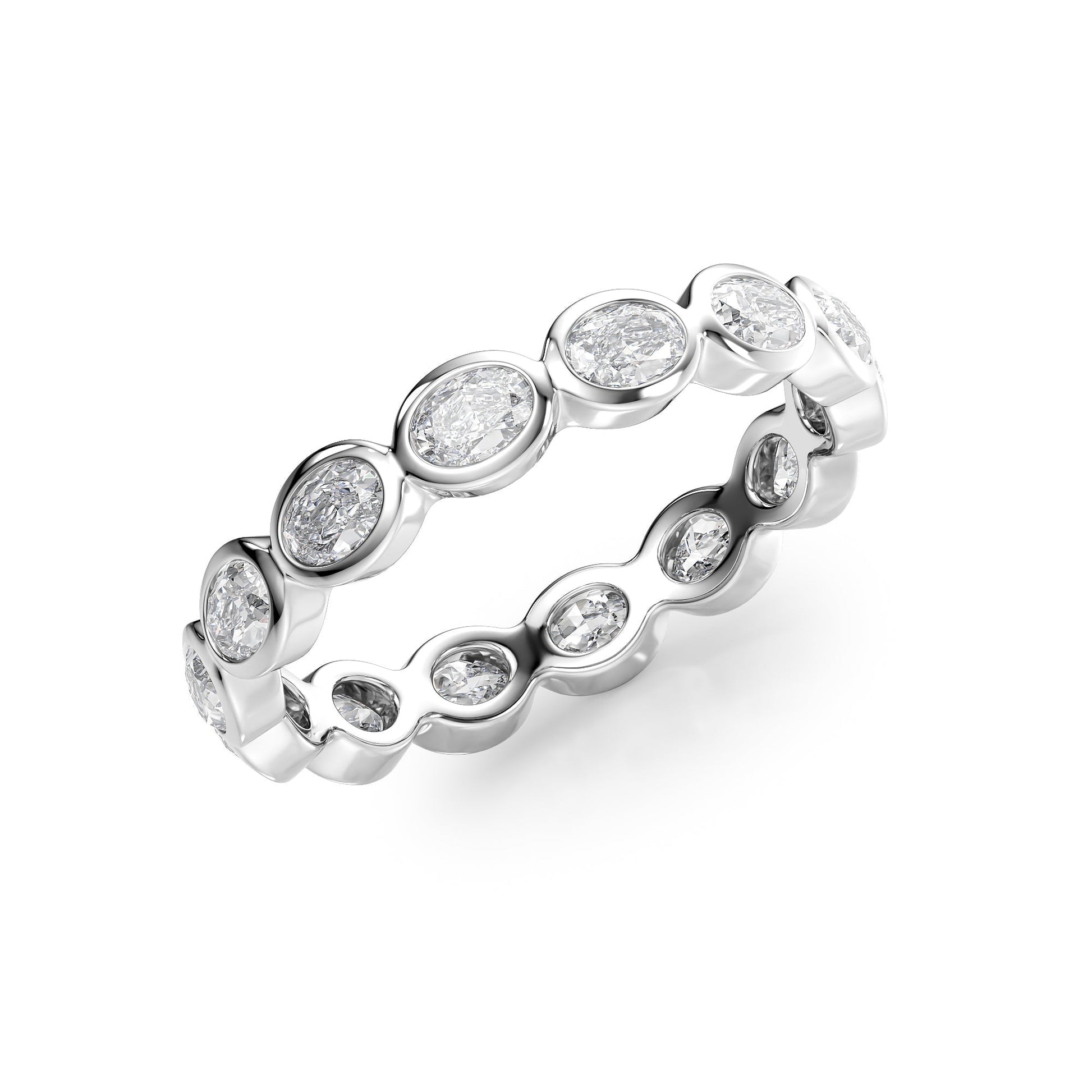 White :: close up 1.4ct oval east west bezel lab grown diamond eternity ring white gold smooth finish