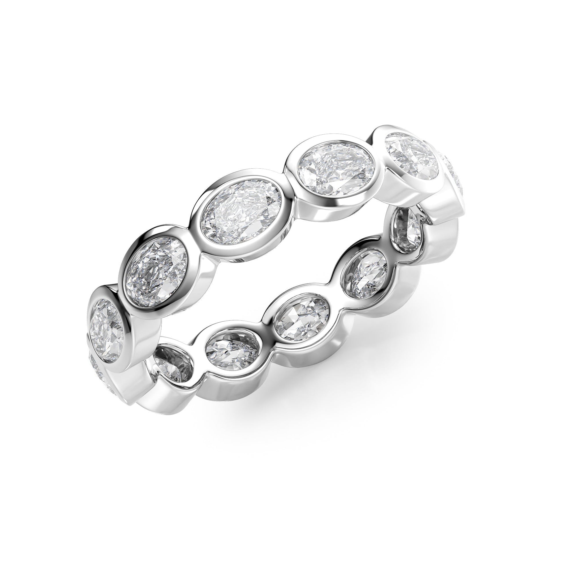 White :: close up 2.4ct oval east west bezel lab grown diamond eternity ring white gold smooth finish