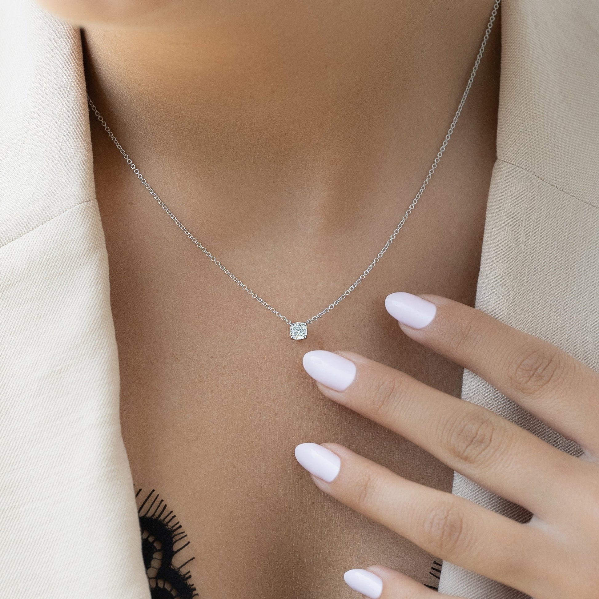 white :: 2 carat cushion cut solitaire necklace with radiant brilliance