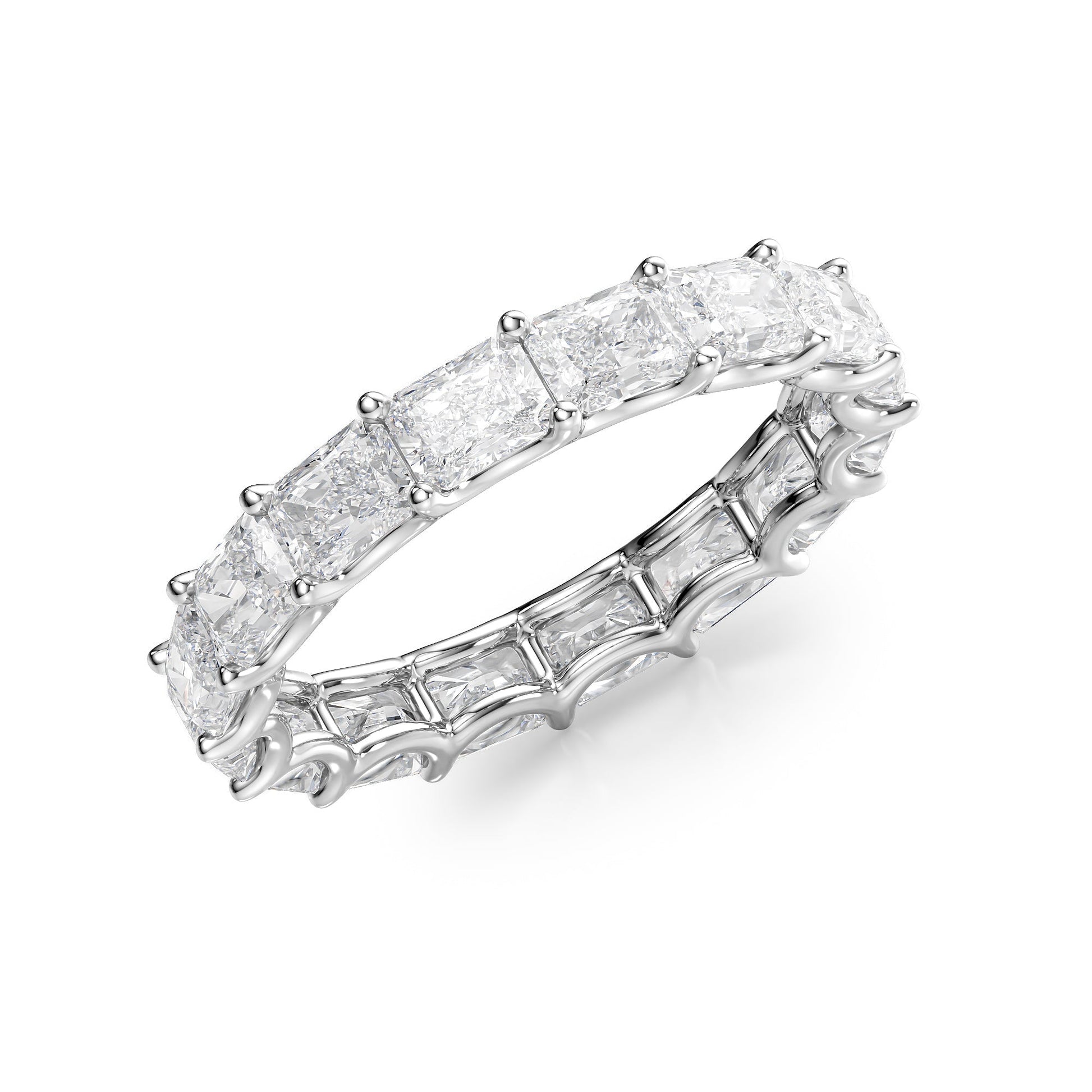 White :: close up 2ct east west radiant lab grown diamond eternity ring white gold brilliant sparkle