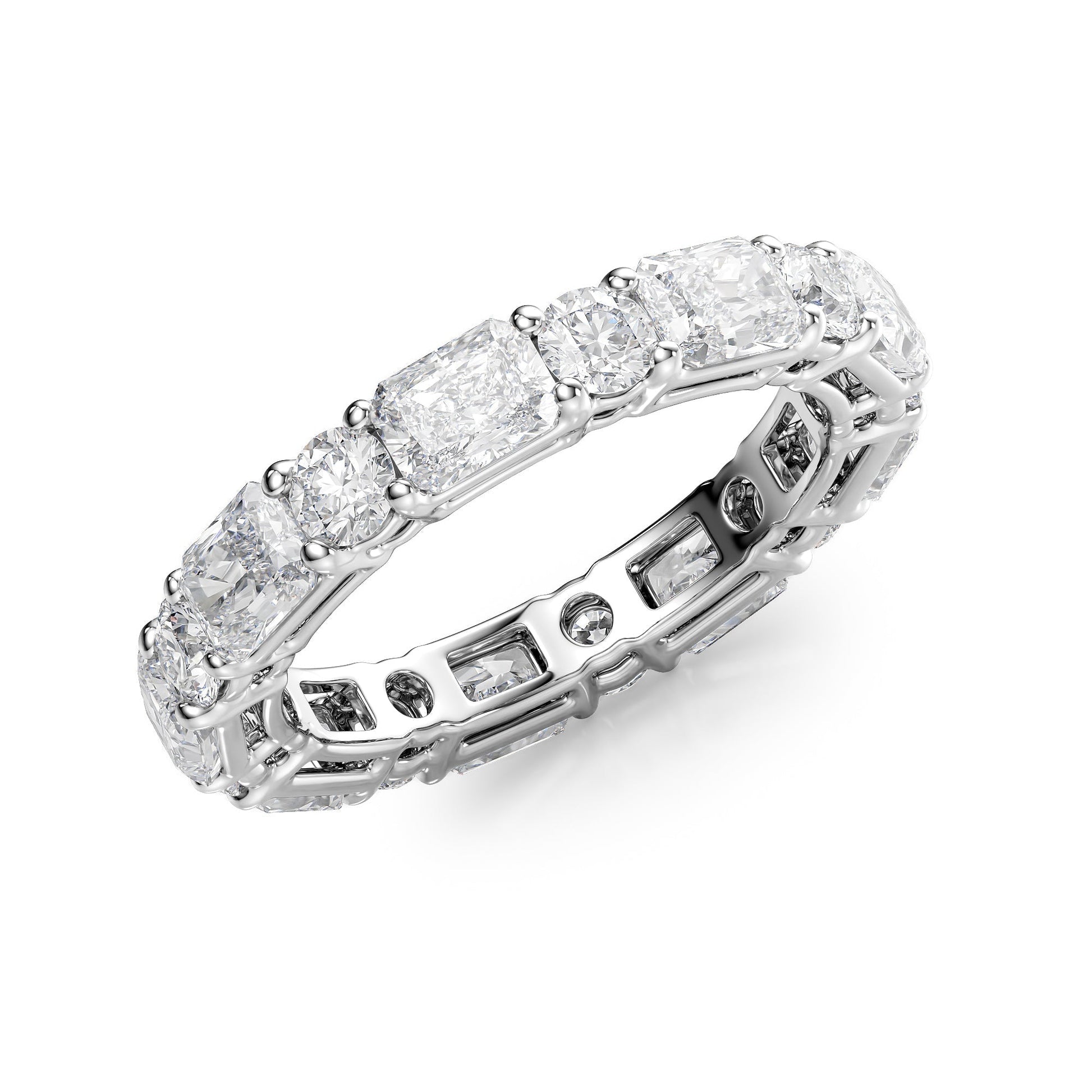 White :: close up 3.7ct radiant and round lab grown diamond eternity ring white gold brilliant sparkle