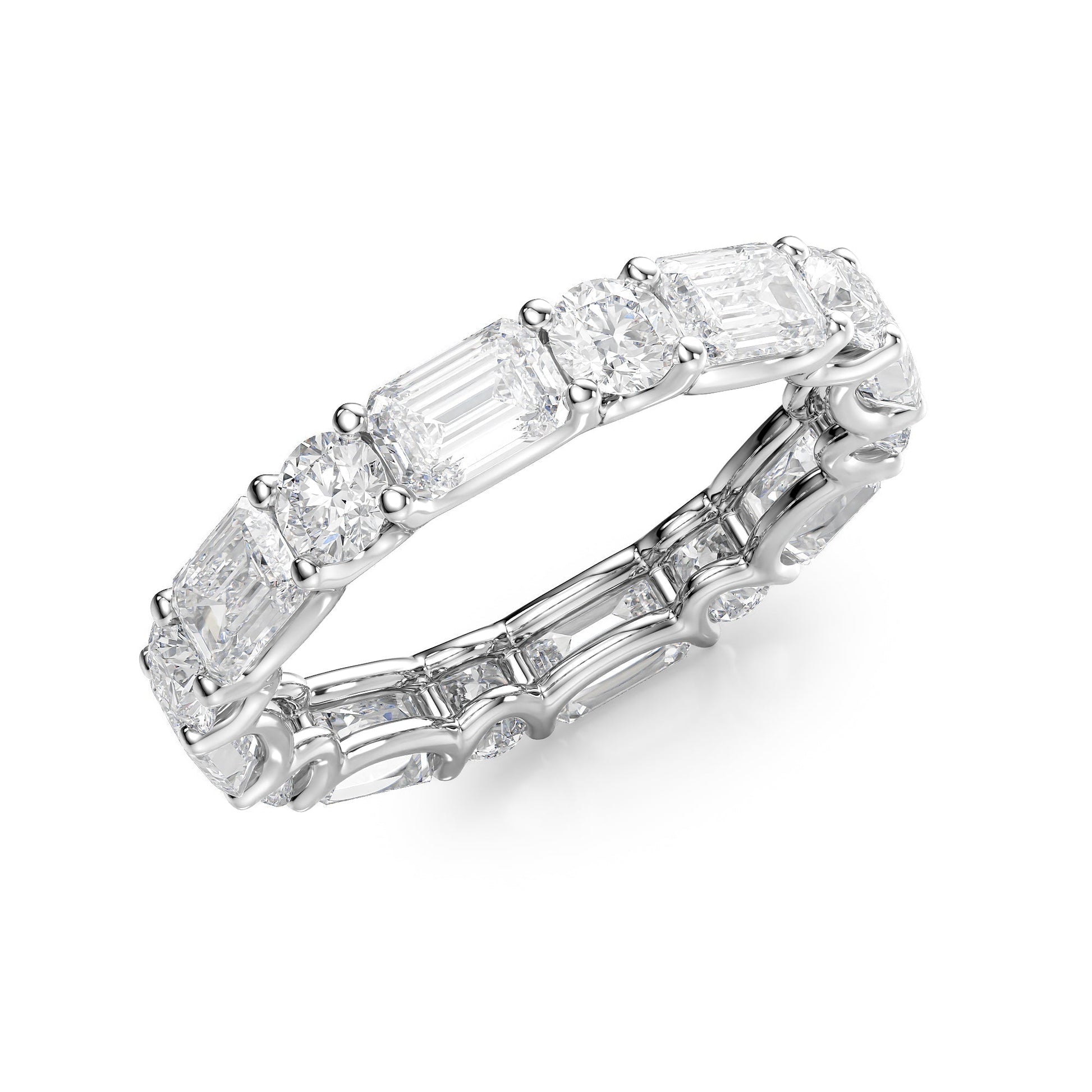 White :: close up 4.2ct alternating emerald and round lab grown diamond eternity ring white gold maximum sparkle