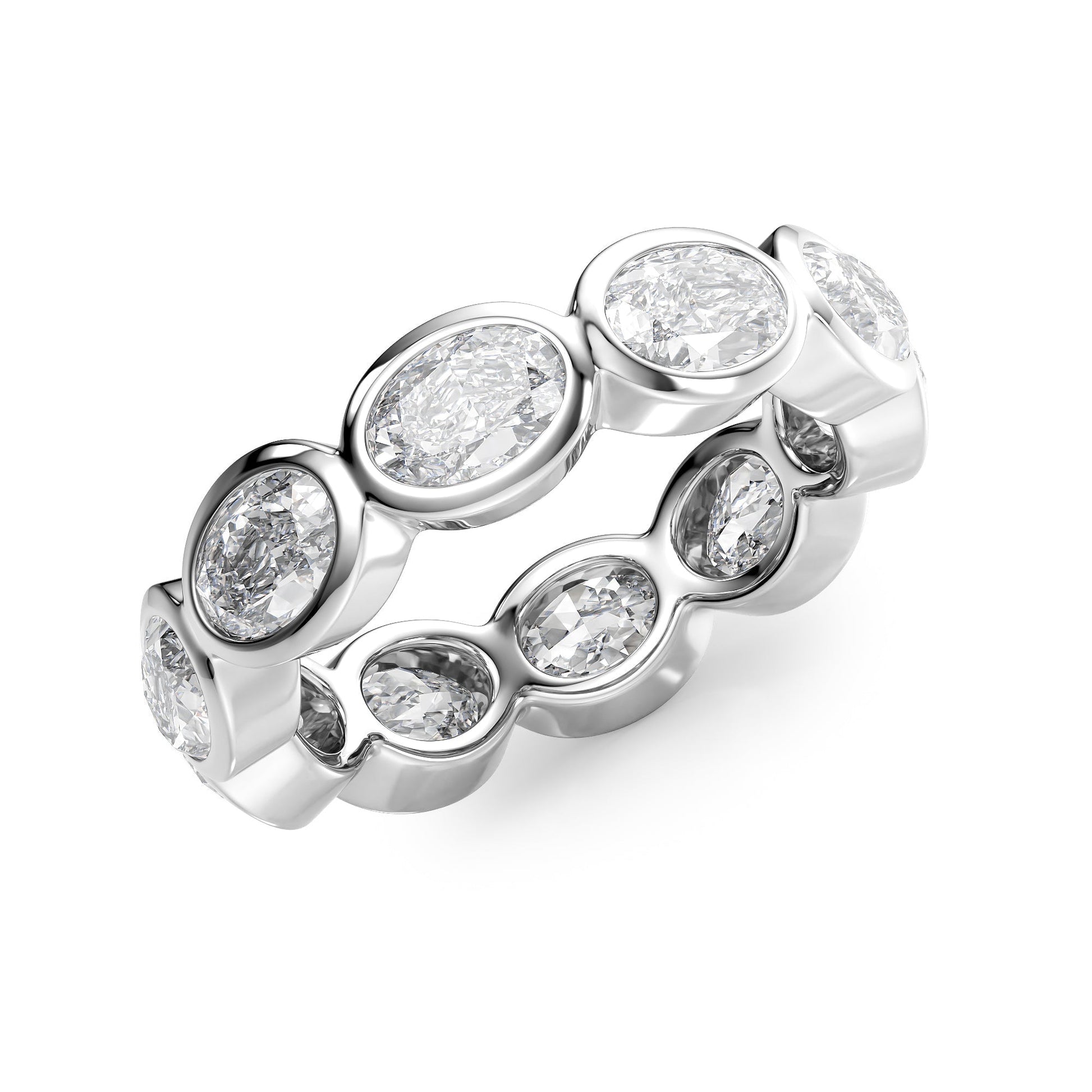 White :: close up 4ct oval east west bezel lab grown diamond eternity ring white gold smooth finish