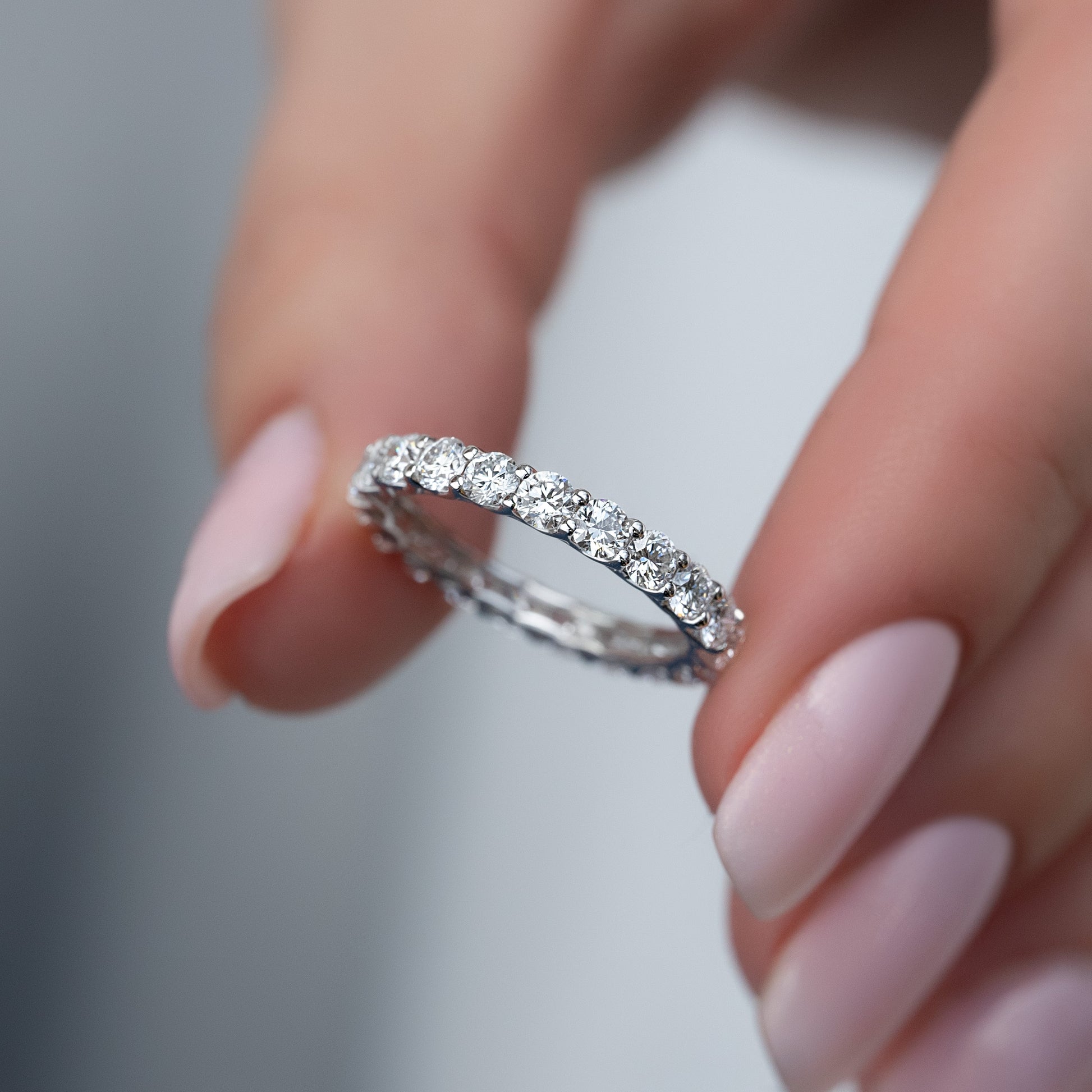 White :: close up 2ct round trellis lab grown diamond eternity ring white gold brilliant sparkle