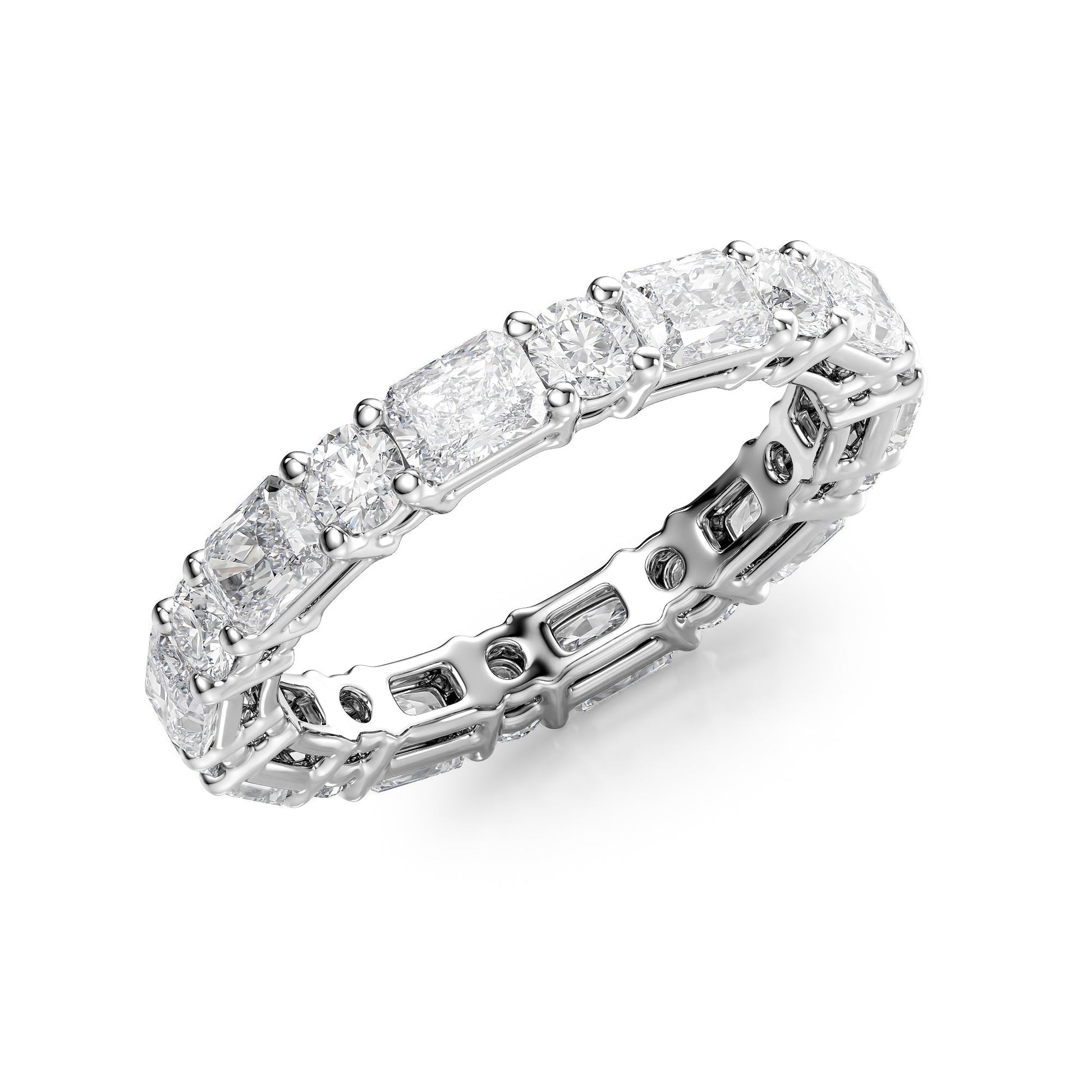 White :: close up 2ct radiant and round lab grown diamond eternity ring white gold brilliant sparkle
