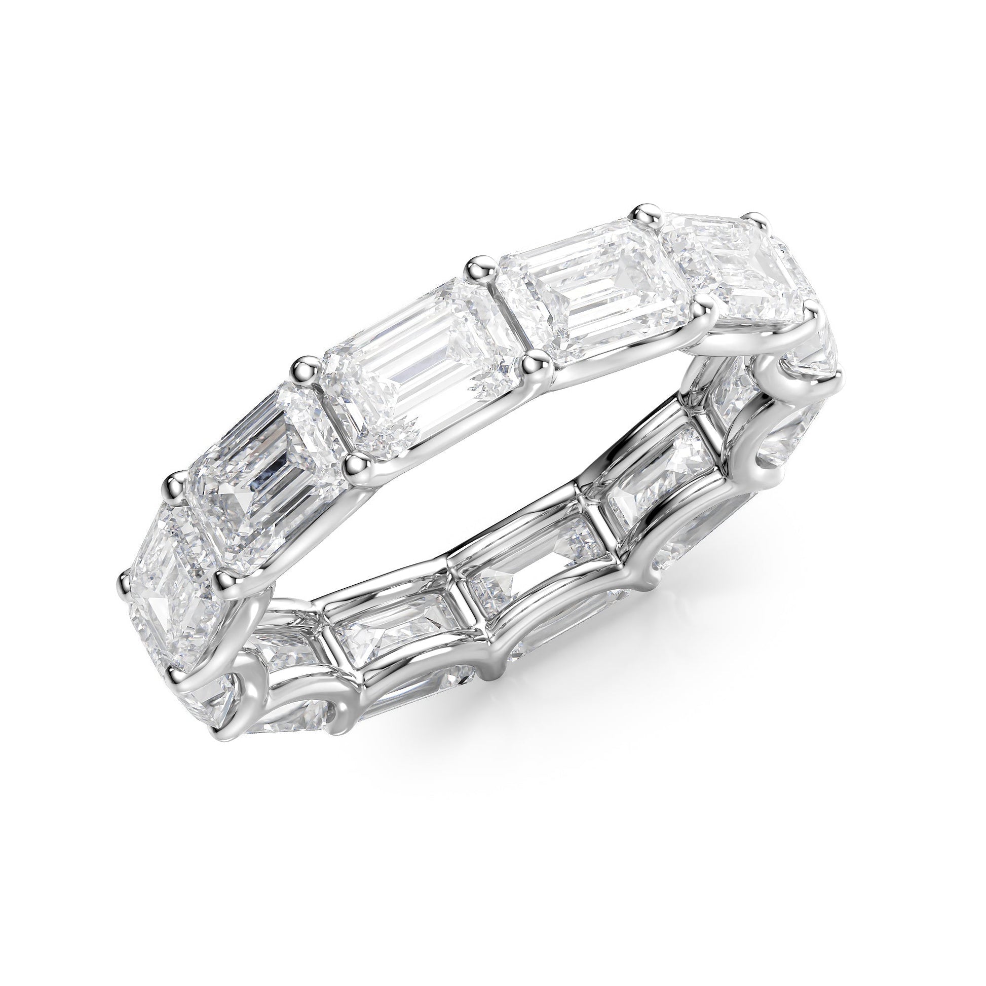 White :: close up 6ct emerald east west lab grown diamond eternity ring white gold step cut mirror sparkle