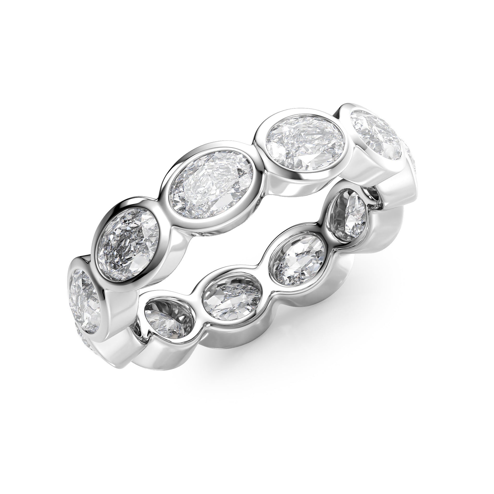 White :: close up 3.3ct oval east west bezel lab grown diamond eternity ring white gold smooth finish