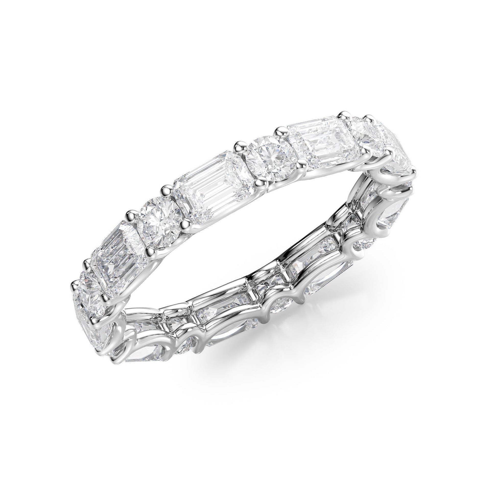 White :: close up 3.5ct alternating emerald and round lab grown diamond eternity ring white gold bold sparkle