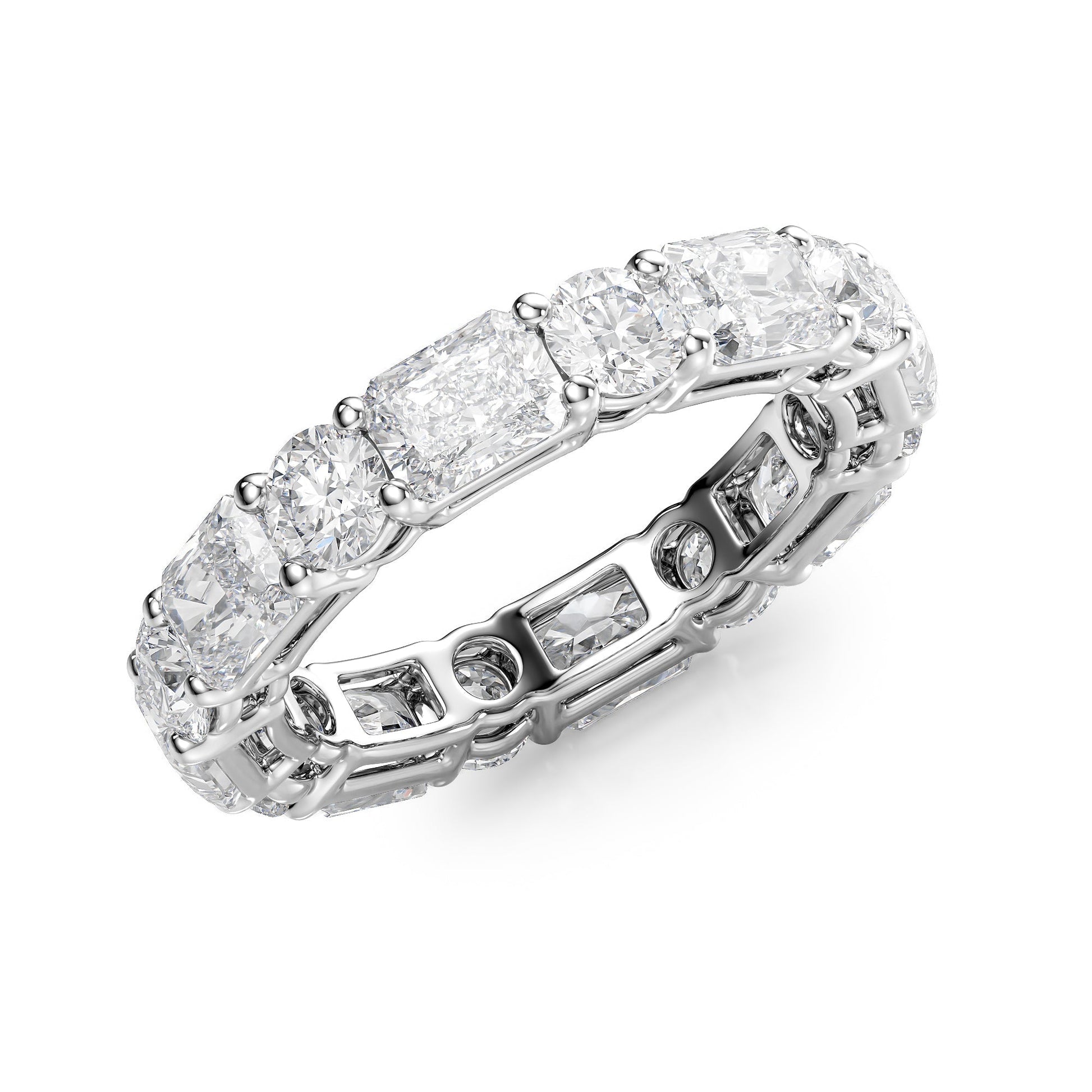 White :: close up 4.6ct radiant and round lab grown diamond eternity ring white gold maximum sparkle