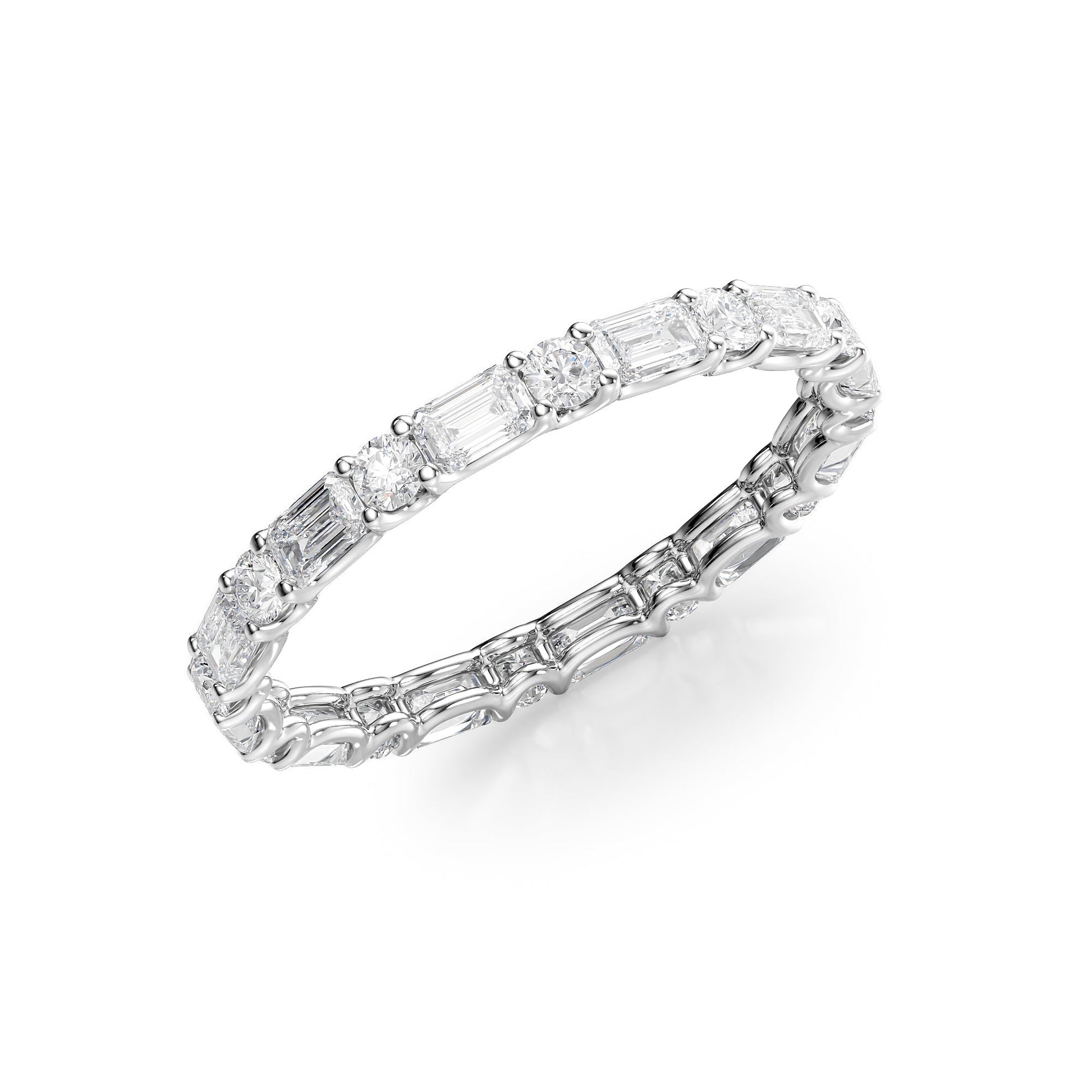 White :: close up 1.5ct alternating emerald and round lab grown diamond eternity ring white gold sparkle