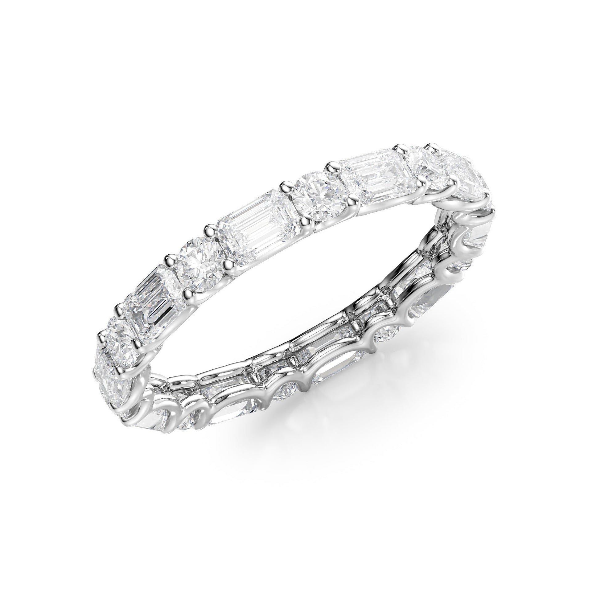 White :: close up 2.6ct alternating emerald and round lab grown diamond eternity ring white gold bold sparkle