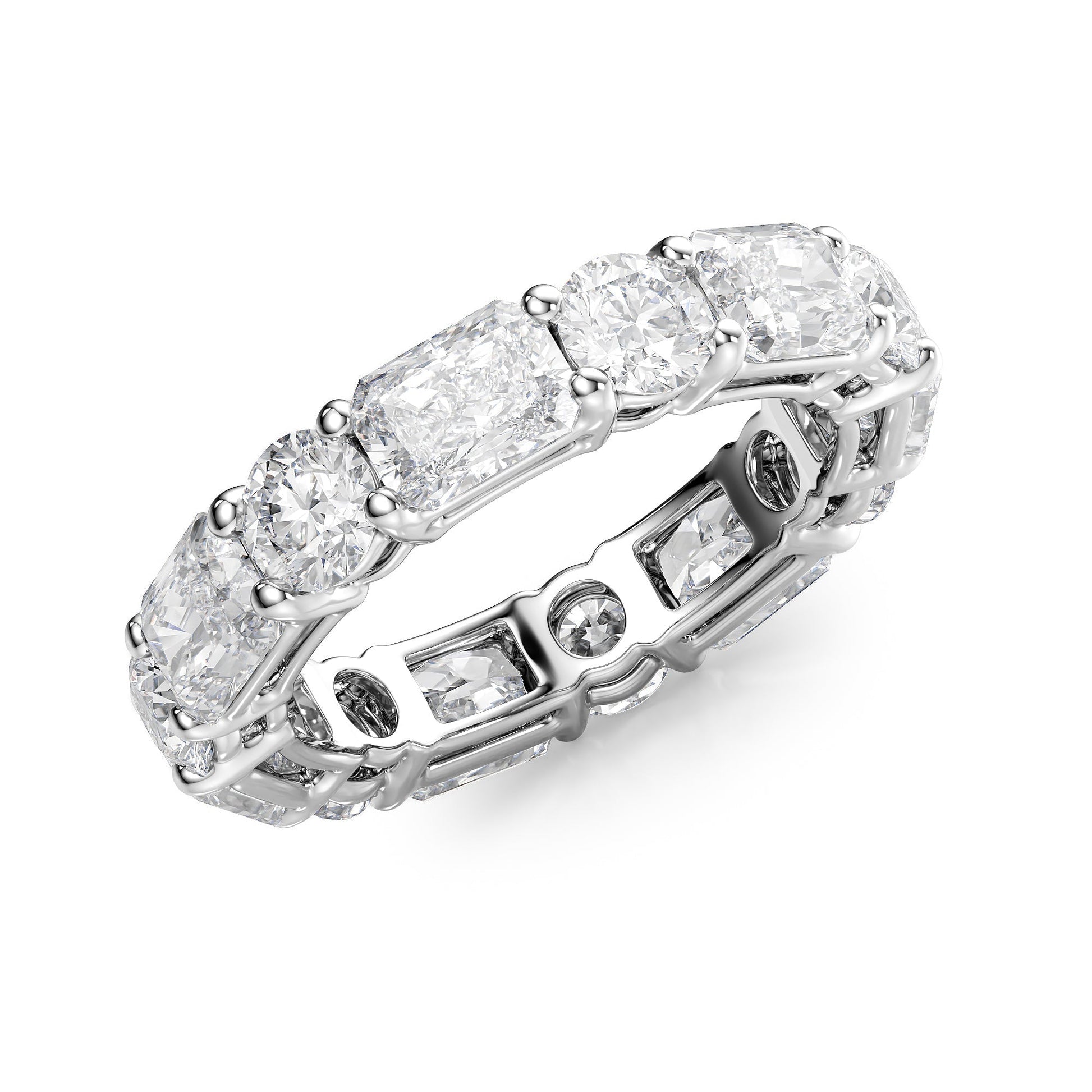 White :: close up 5.7ct radiant and round lab grown diamond eternity ring white gold maximum sparkle
