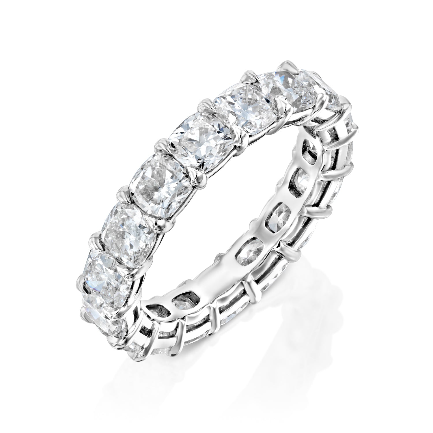 White :: close up 5ct cushion lab grown diamond eternity ring white gold soft edge brilliance