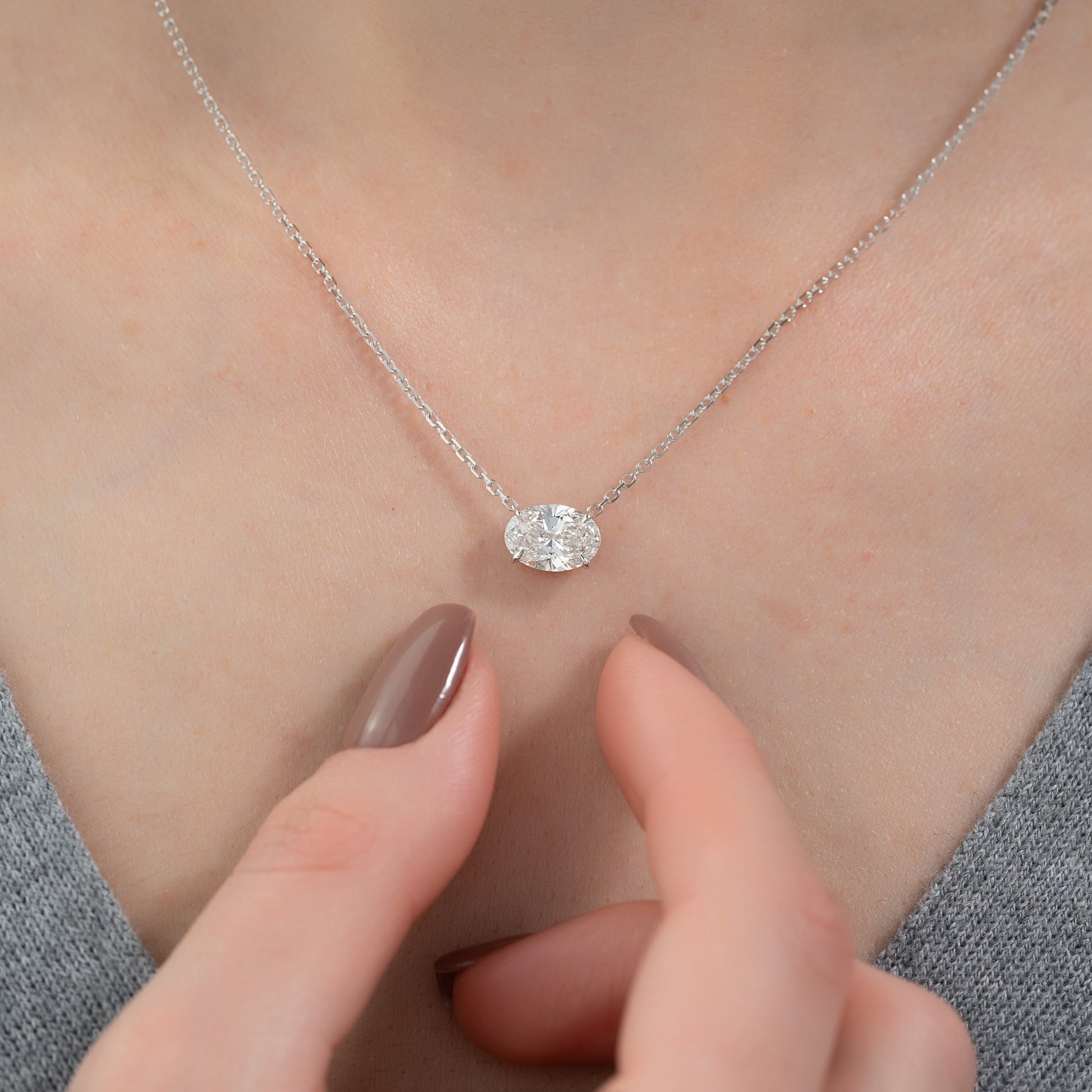 white :: brilliant oval cut solitaire pendant necklace with modern white gold finish