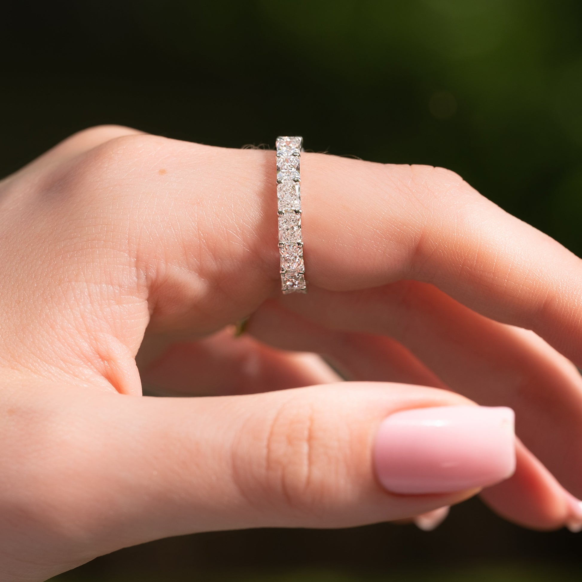 White :: ultra luxury 4 carat radiant lab diamond eternity ring white gold horizontal statement band