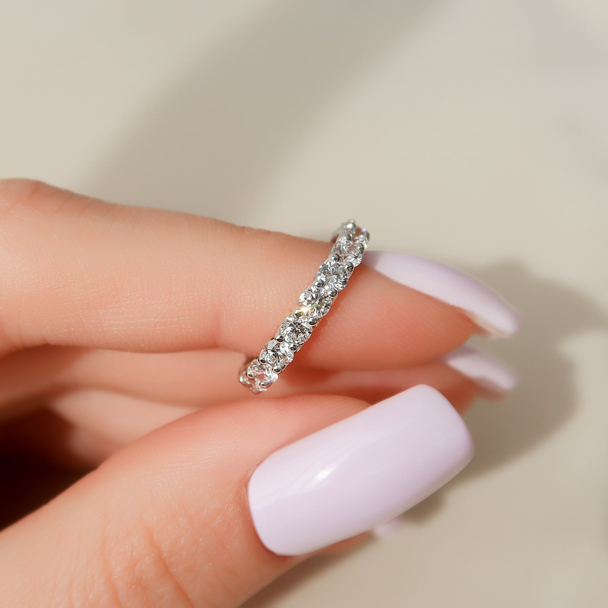 White :: close up 2ct round u prong lab grown diamond eternity ring white gold bold sparkle