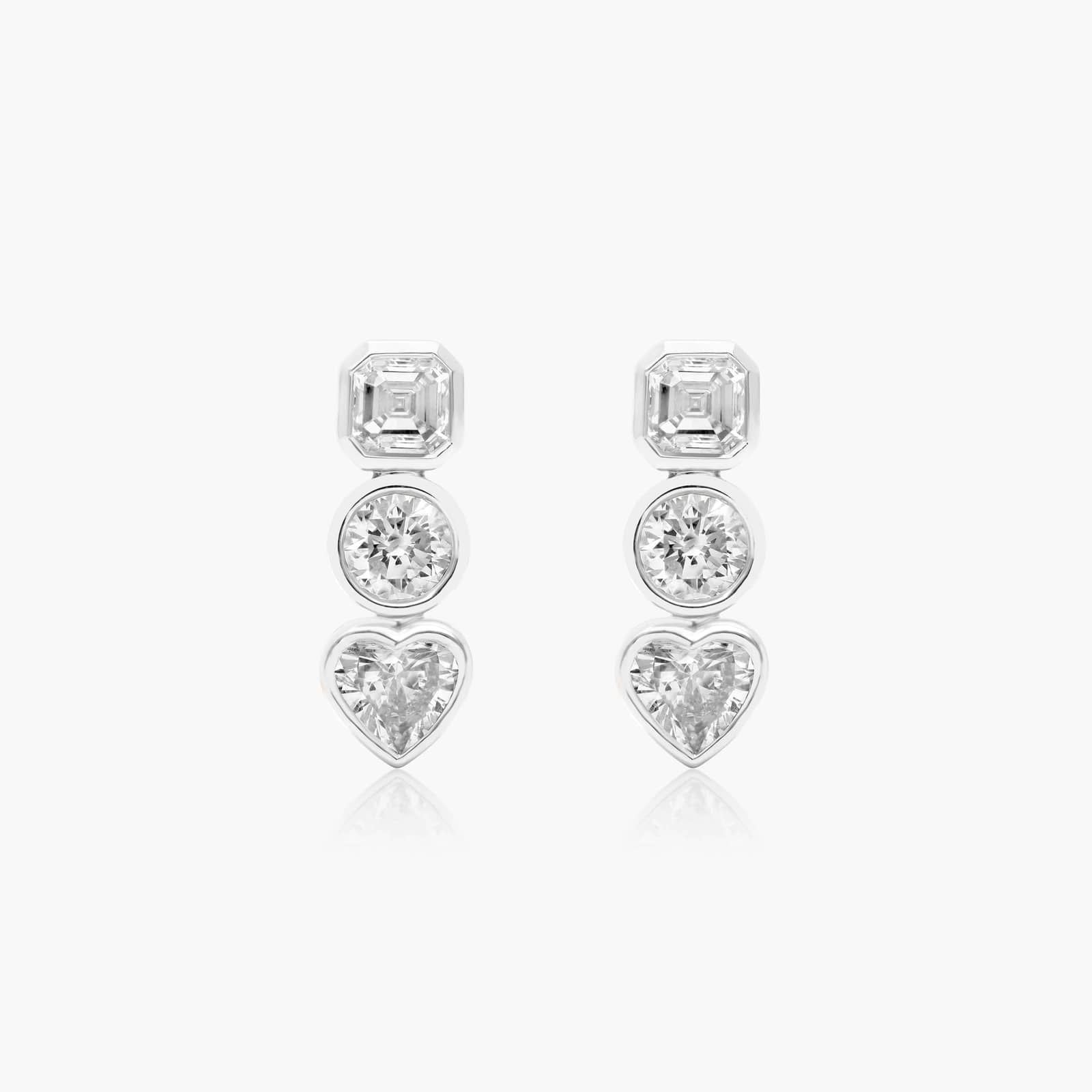 White :: fancy multi shape lab grown diamond bezel stud earrings mixed cut design white gold modern fine jewelry