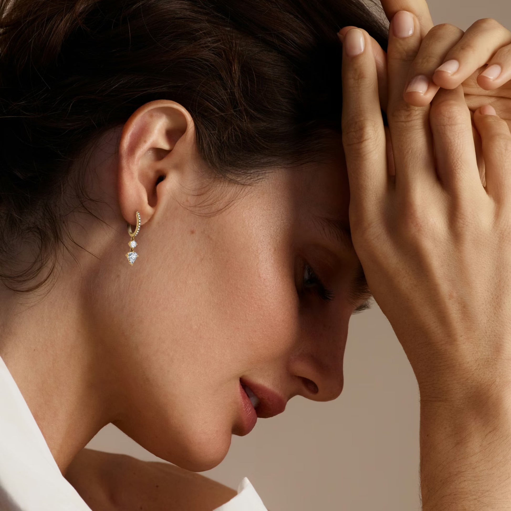 White :: lab grown diamond shield drop hoop earrings structured geometric design white gold modern luxury jewelry