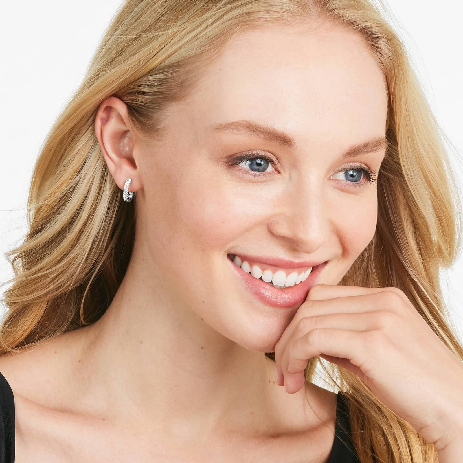 White|Rose :: pave lab grown diamond hoop earrings inside out design all around sparkle white gold premium jewelry