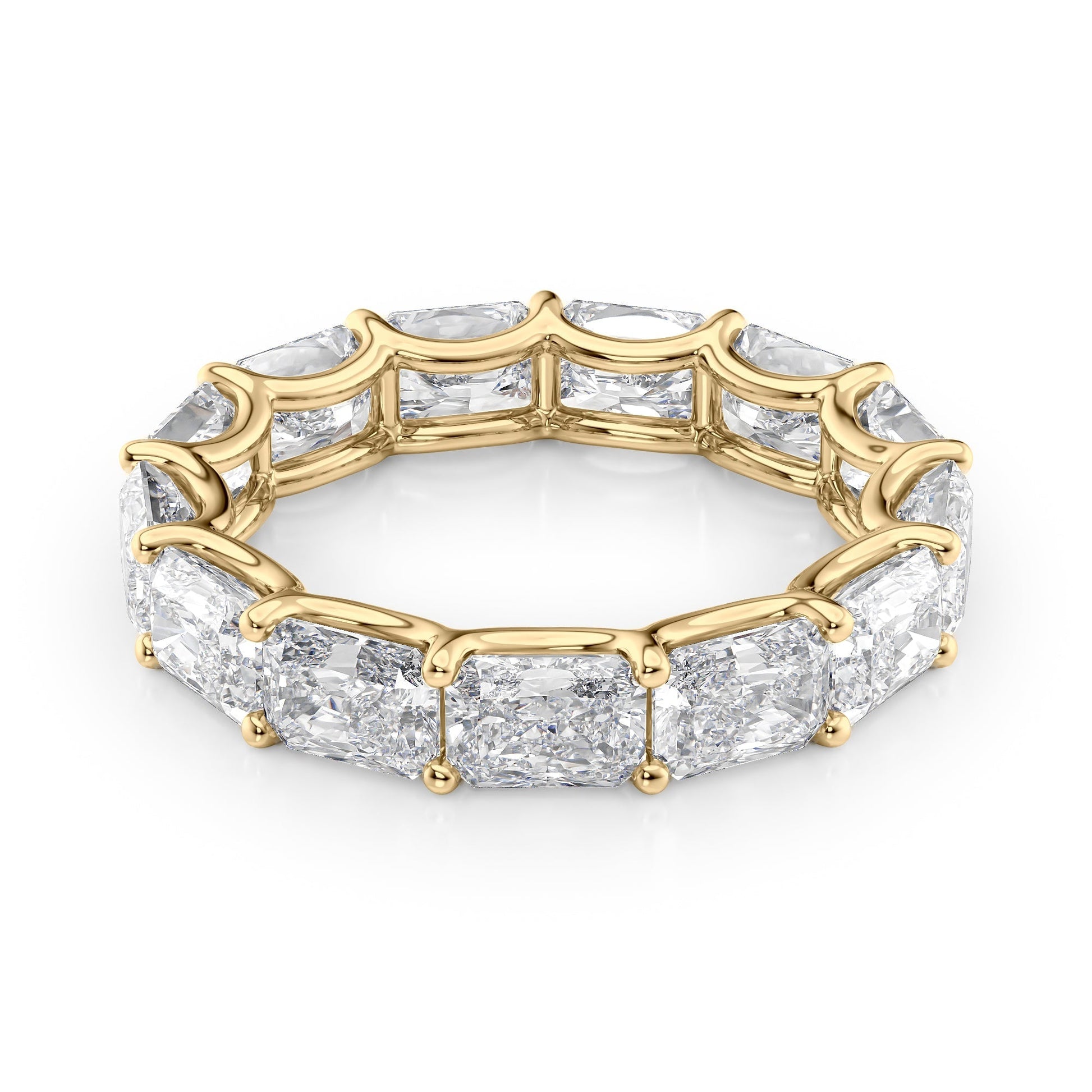 Yellow :: Lunentia 5ct east west radiant u prong lab grown diamond eternity ring IGI certified yellow gold ultra luxury band