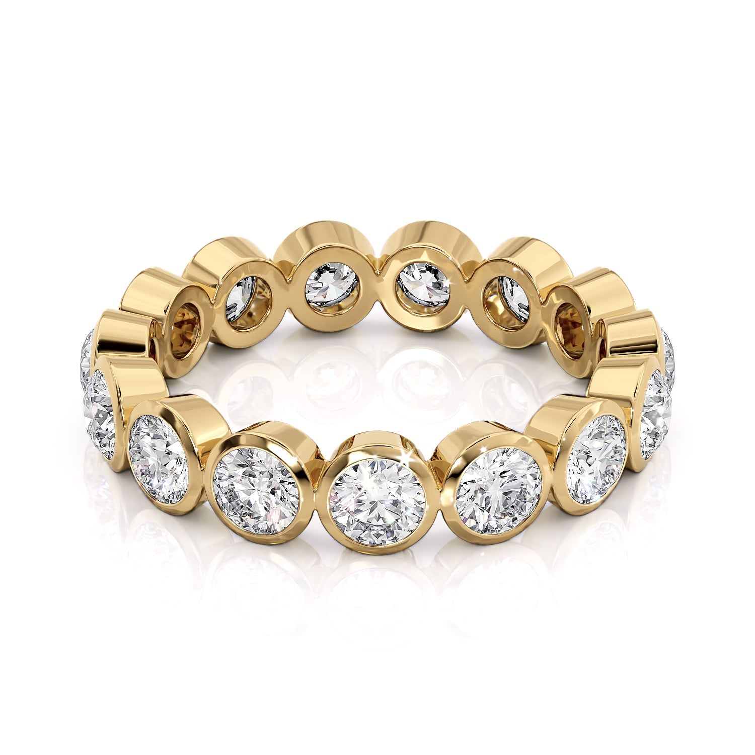 Yellow :: Seriquea 2ct round bezel lab grown diamond eternity ring IGI certified yellow gold wedding band