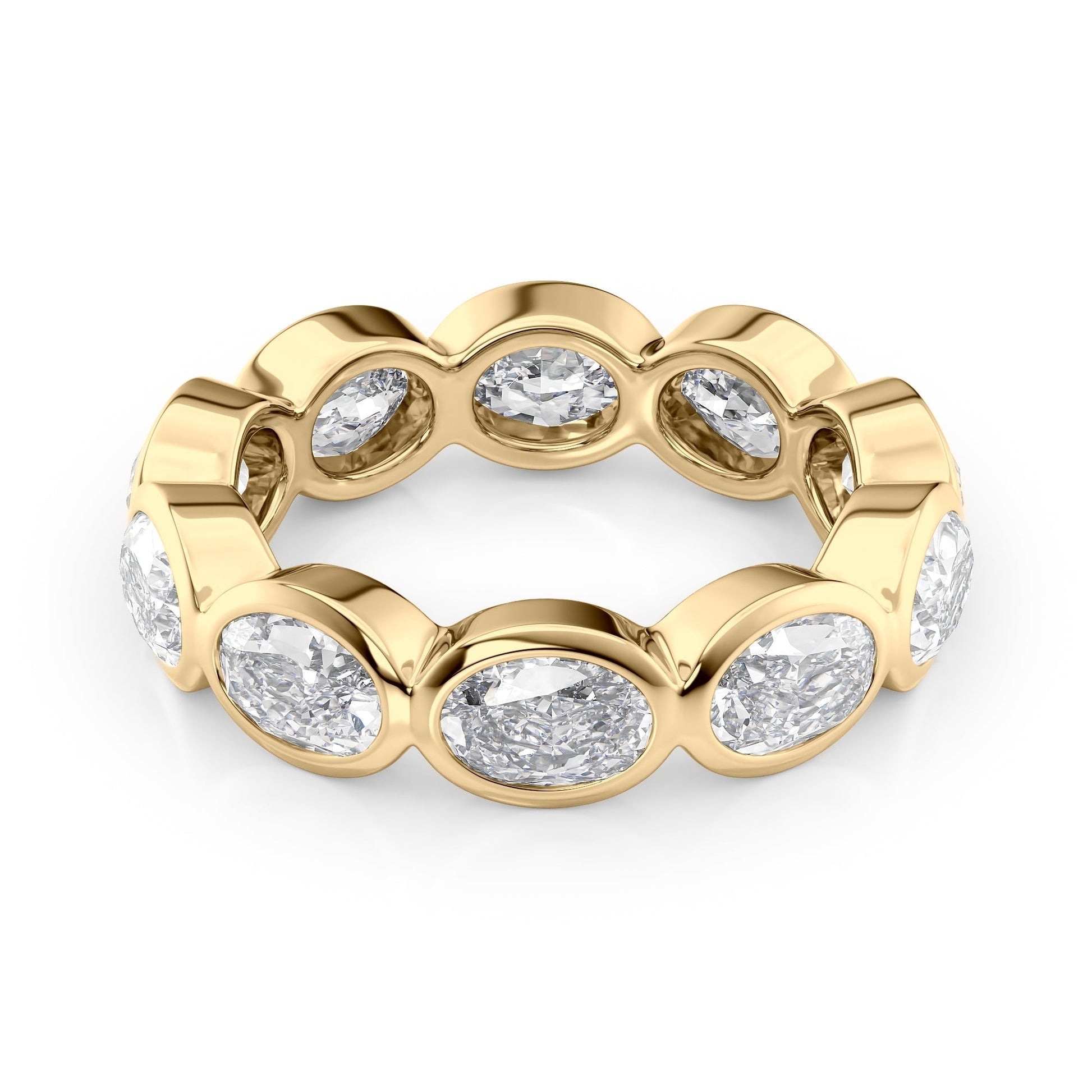 Yellow :: Velmiquea 4ct oval east west bezel lab grown diamond eternity ring IGI certified yellow gold ultra luxury band