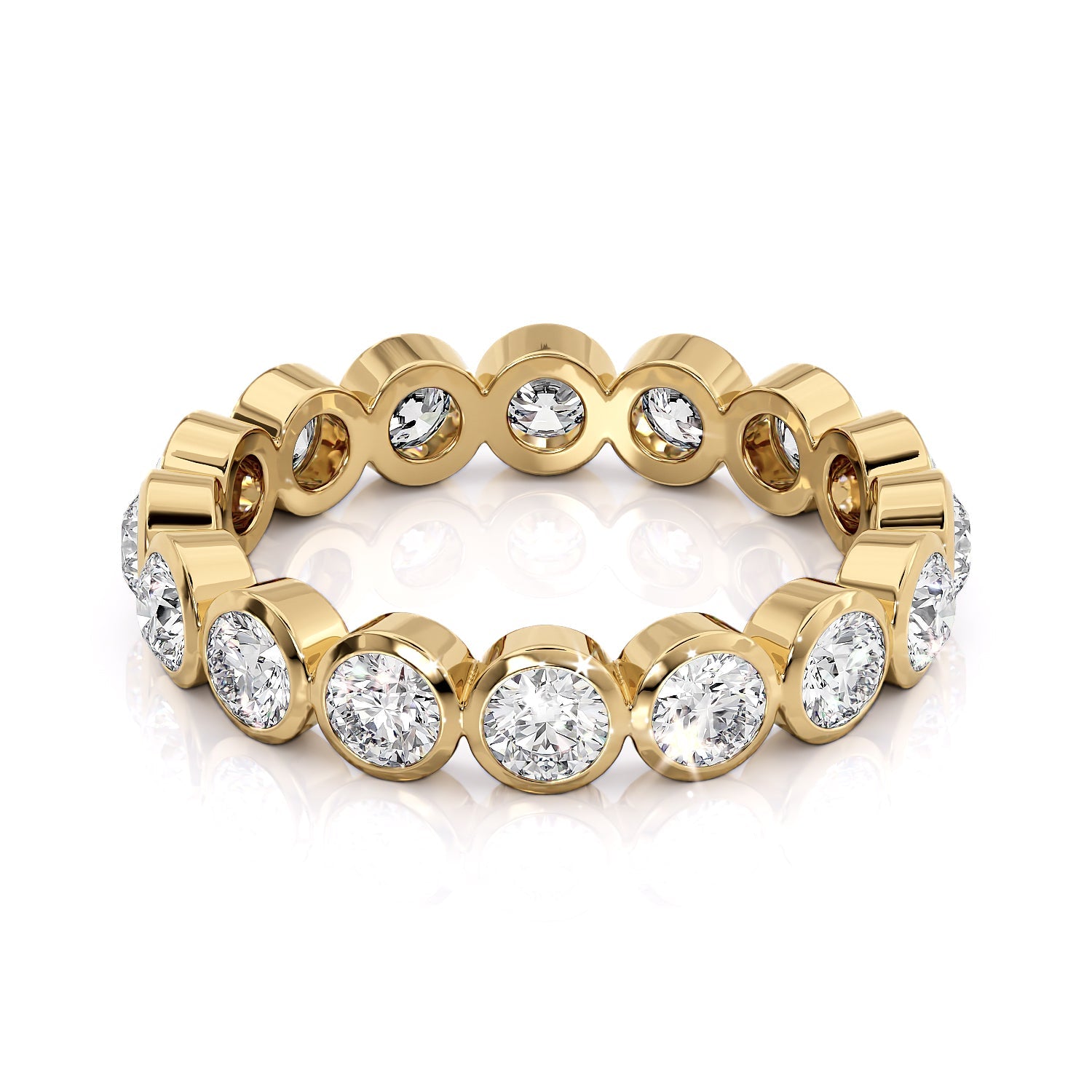 Yellow :: Seriquea 1.5ct round bezel lab grown diamond eternity ring IGI certified yellow gold wedding band