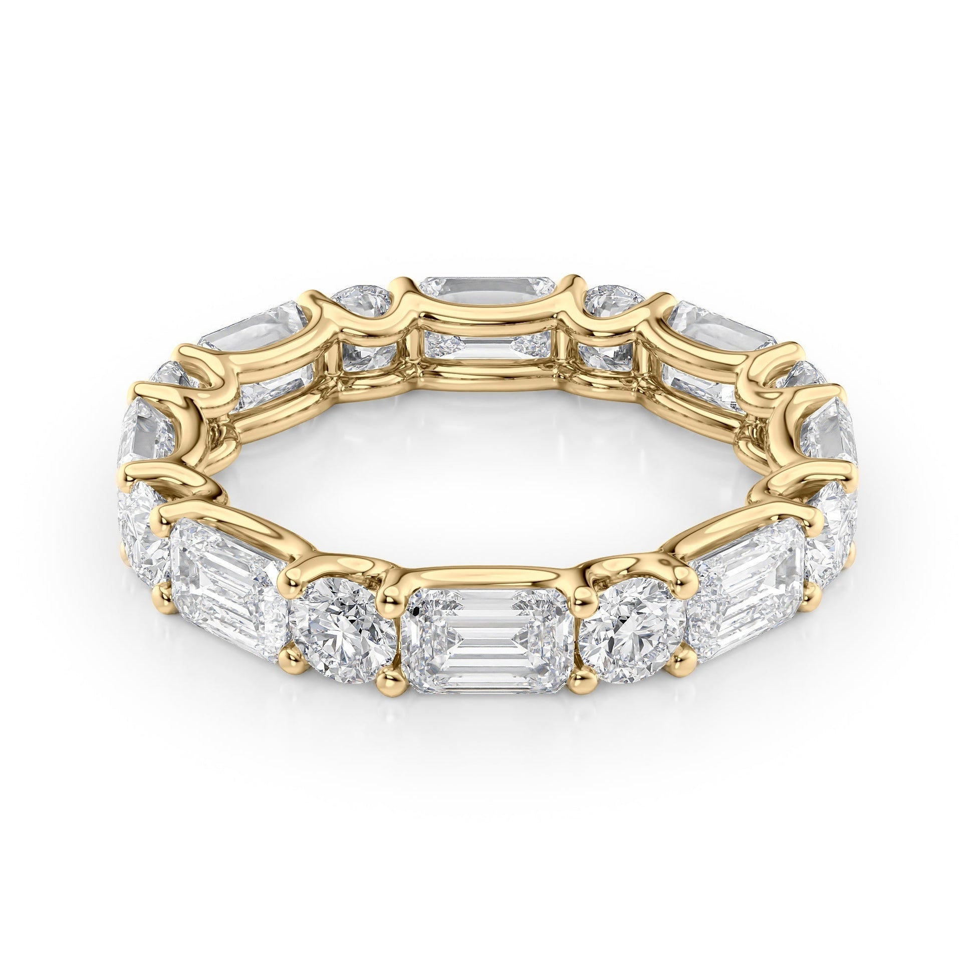 Yellow :: Calmorae 4.2ct alternating emerald and round lab grown diamond eternity ring IGI certified yellow gold luxury band