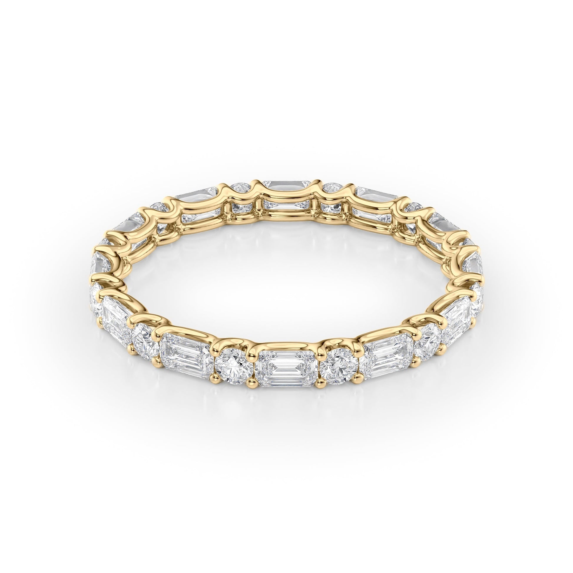 Yellow :: Calmorae 1.5ct alternating emerald and round lab grown diamond eternity ring IGI certified yellow gold