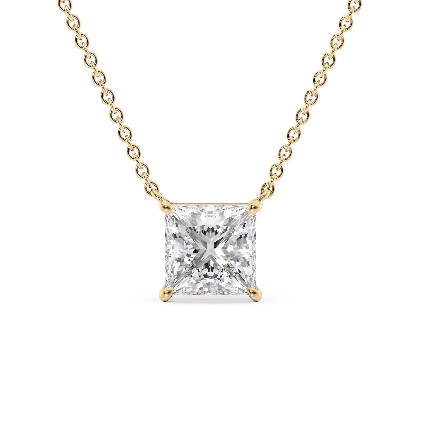yellow :: radiant princess cut diamond necklace with rich yellow gold styling