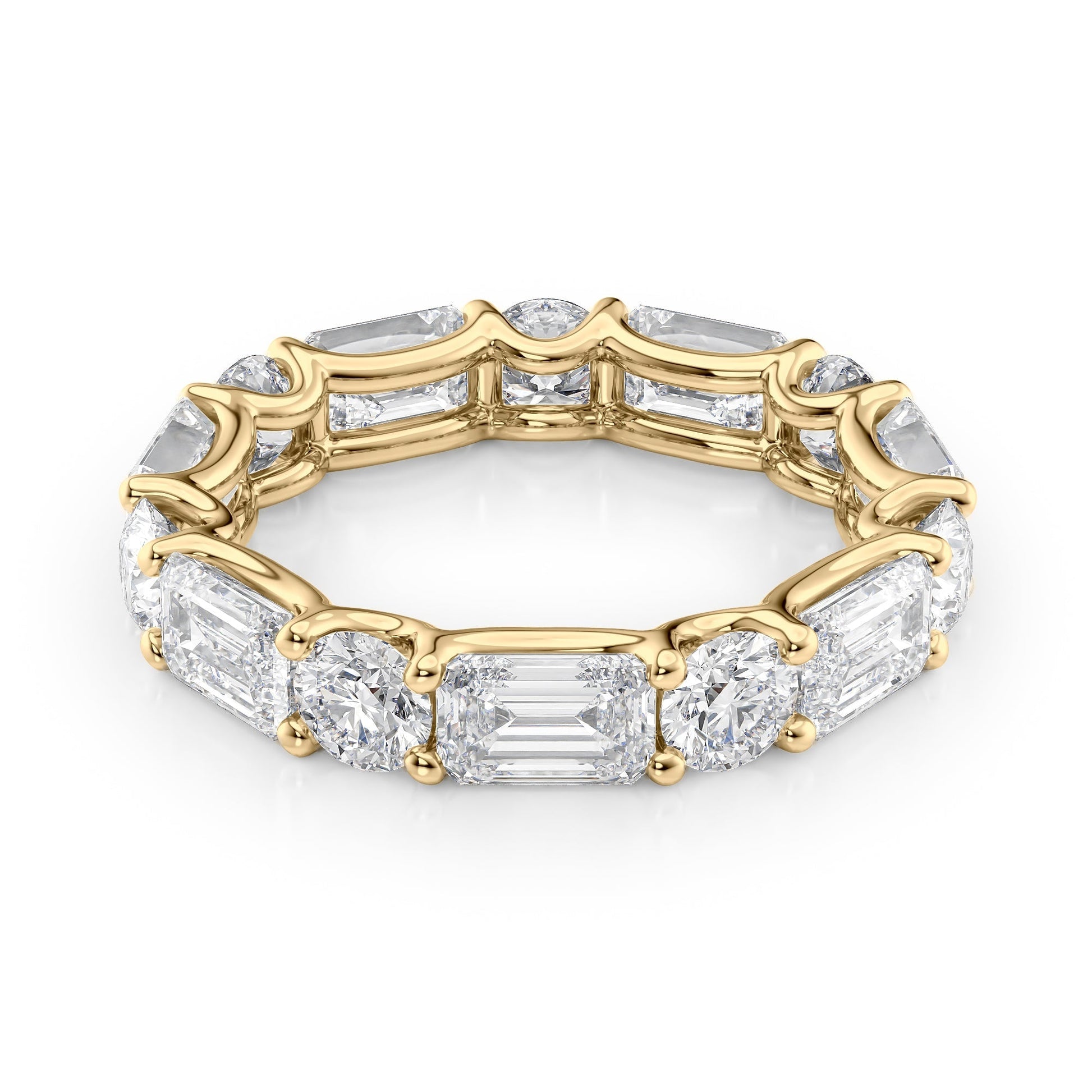 Yellow :: Calmorae 5ct alternating emerald and round lab grown diamond eternity ring IGI certified yellow gold ultra luxury band