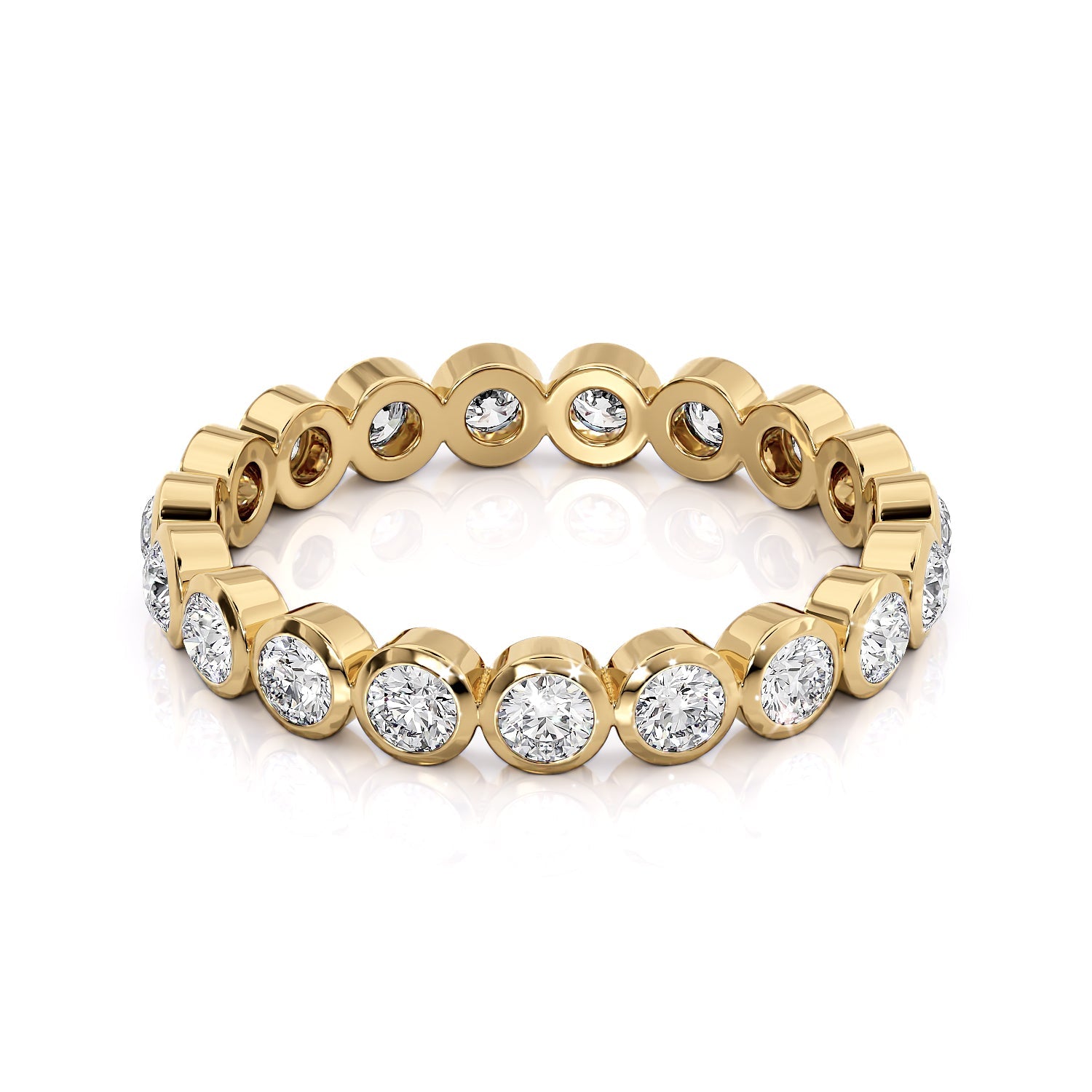 Yellow :: Seriquea 1ct round bezel lab grown diamond eternity ring IGI certified yellow gold wedding band