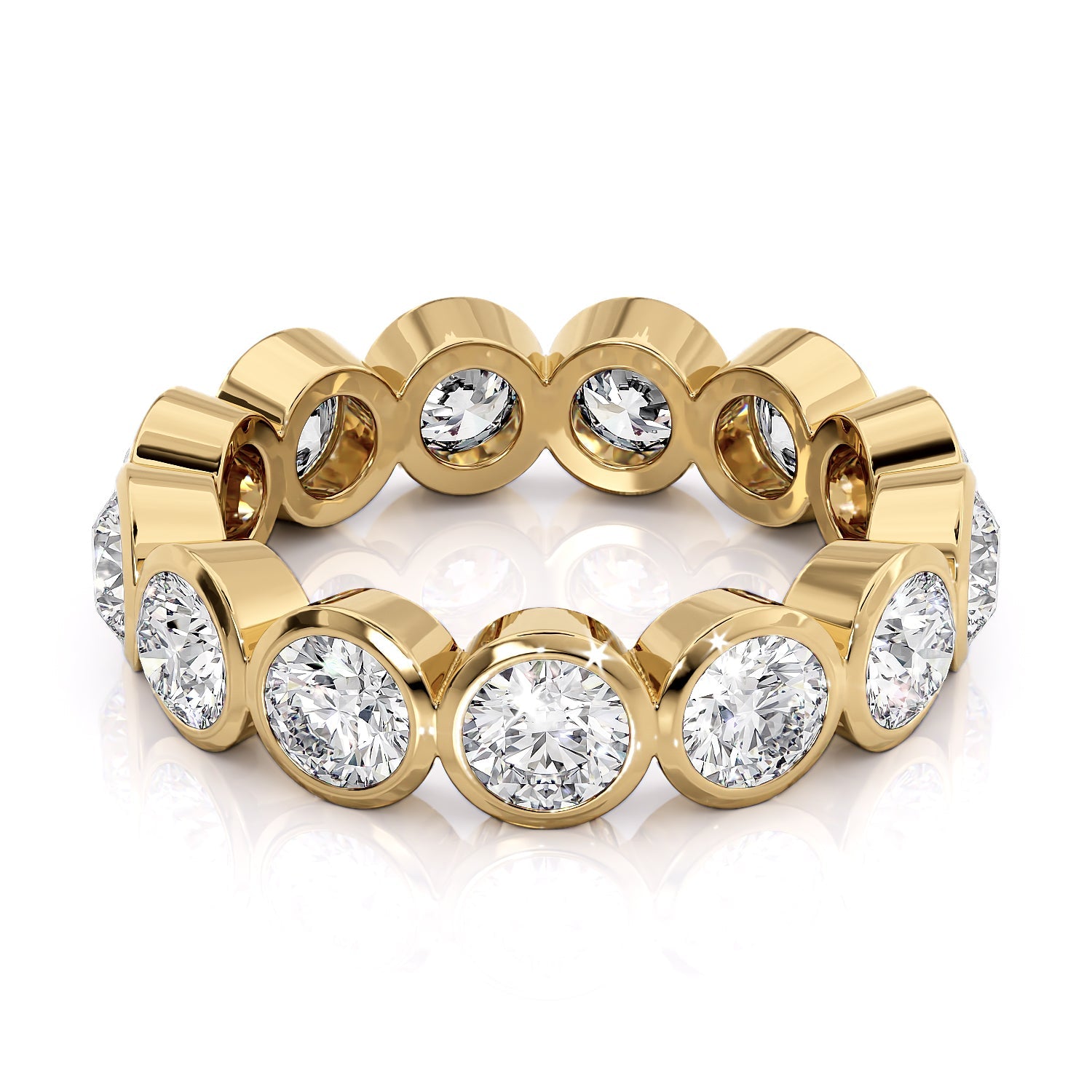 Yellow :: Seriquea 3.5ct round bezel lab grown diamond eternity ring IGI certified yellow gold luxury wedding band
