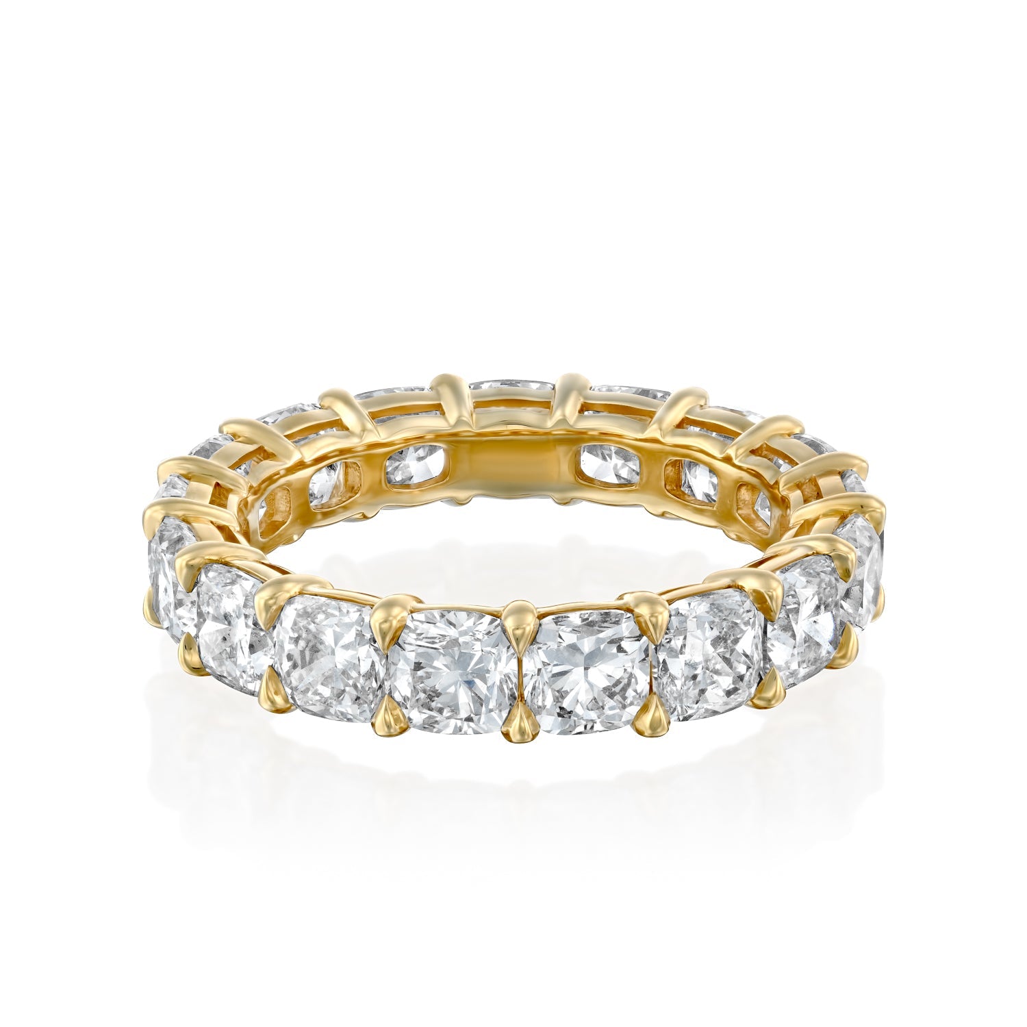 Yellow :: Zenvellae 5ct cushion lab grown diamond eternity ring IGI certified yellow gold ultra luxury wedding band