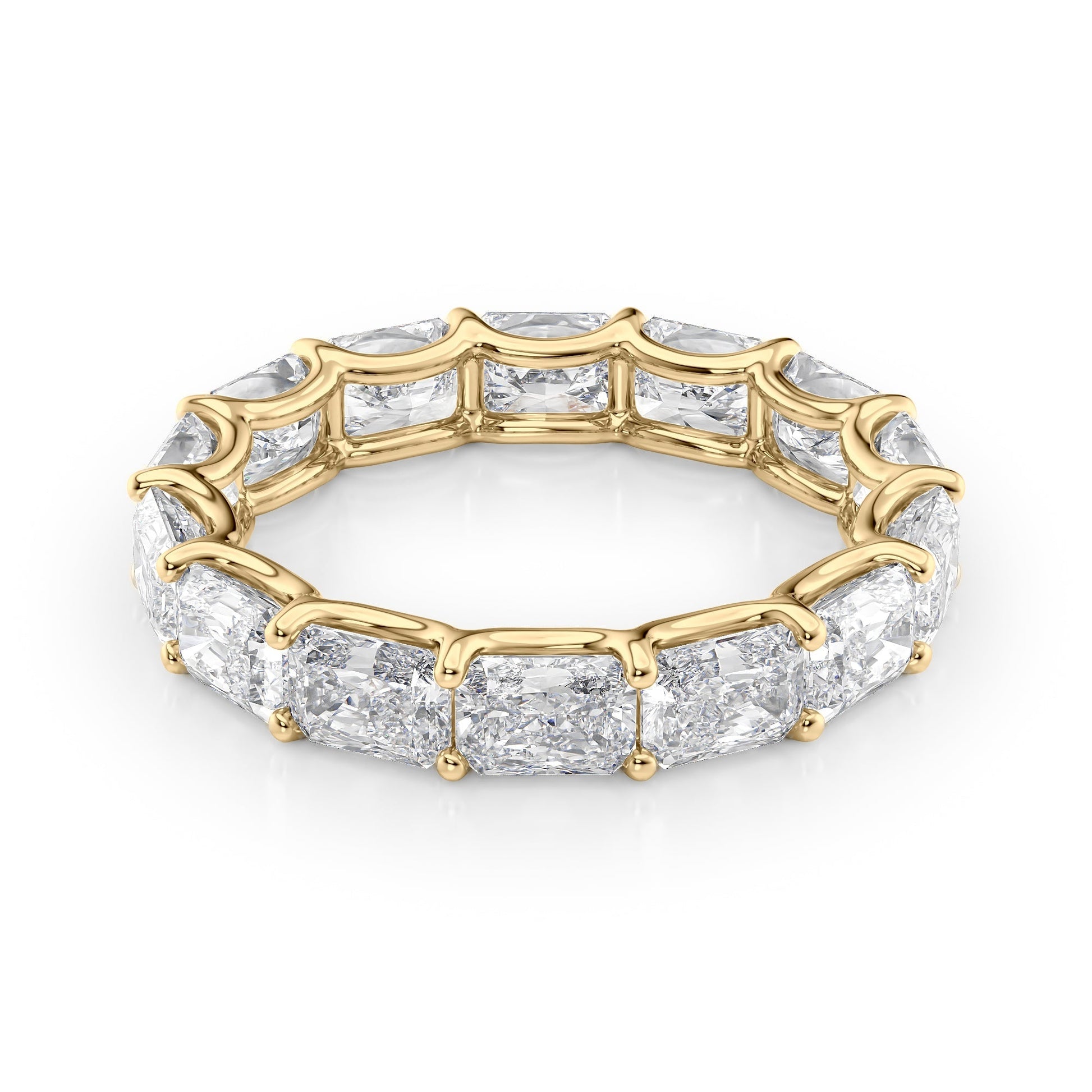 Yellow :: Lunentia 4ct east west radiant u prong lab grown diamond eternity ring IGI certified yellow gold ultra luxury band