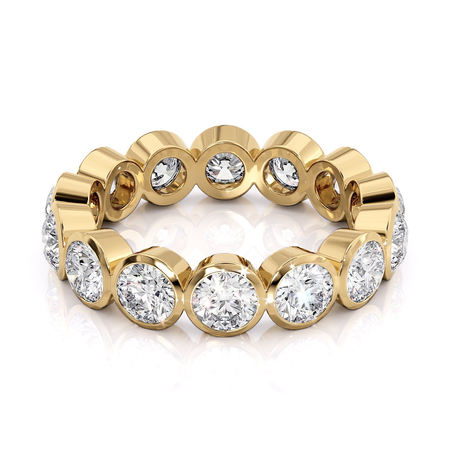 Yellow :: Seriquea 3ct round bezel lab grown diamond eternity ring IGI certified yellow gold luxury wedding band