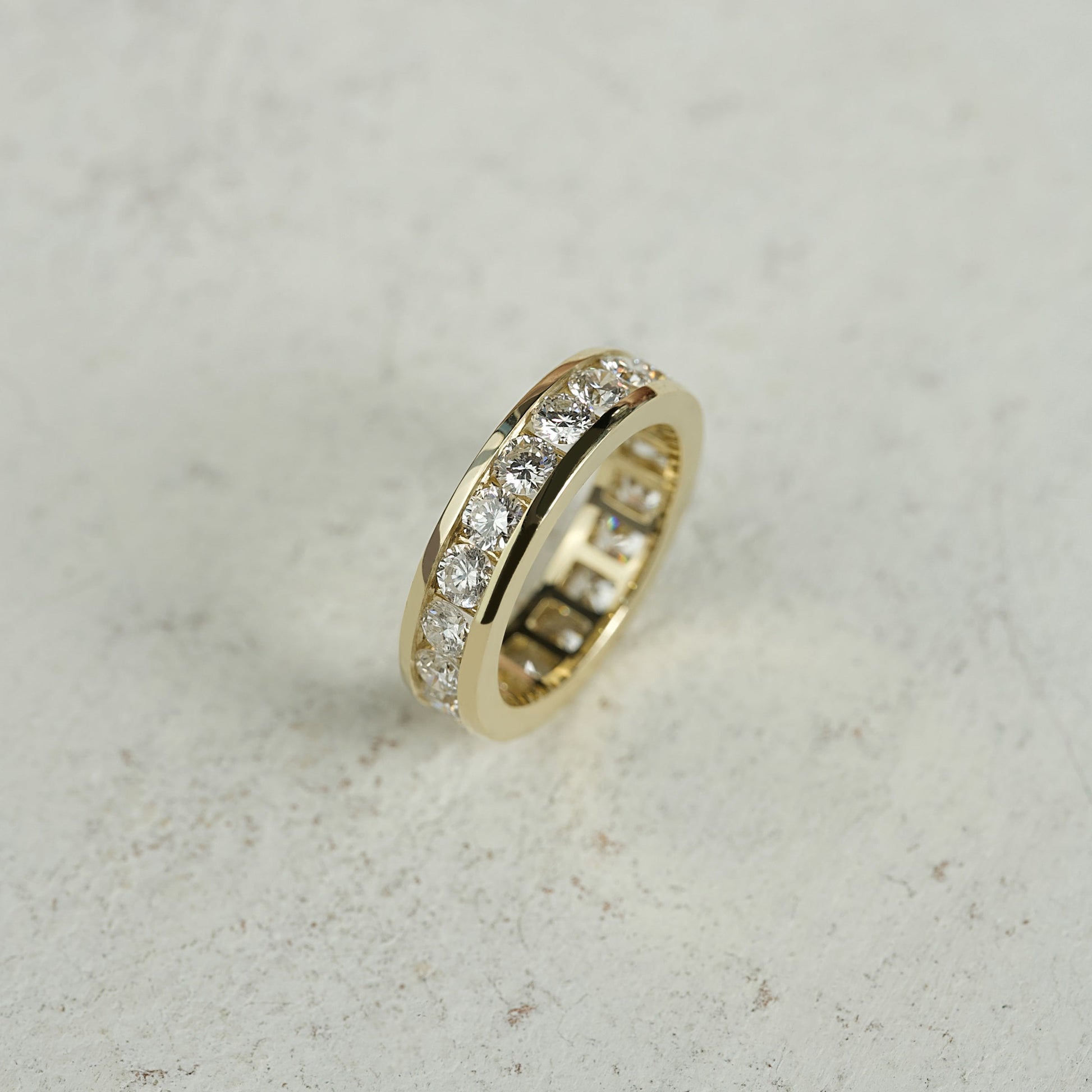 Yellow :: 2 carat round lab diamond channel eternity ring yellow gold full diamond band