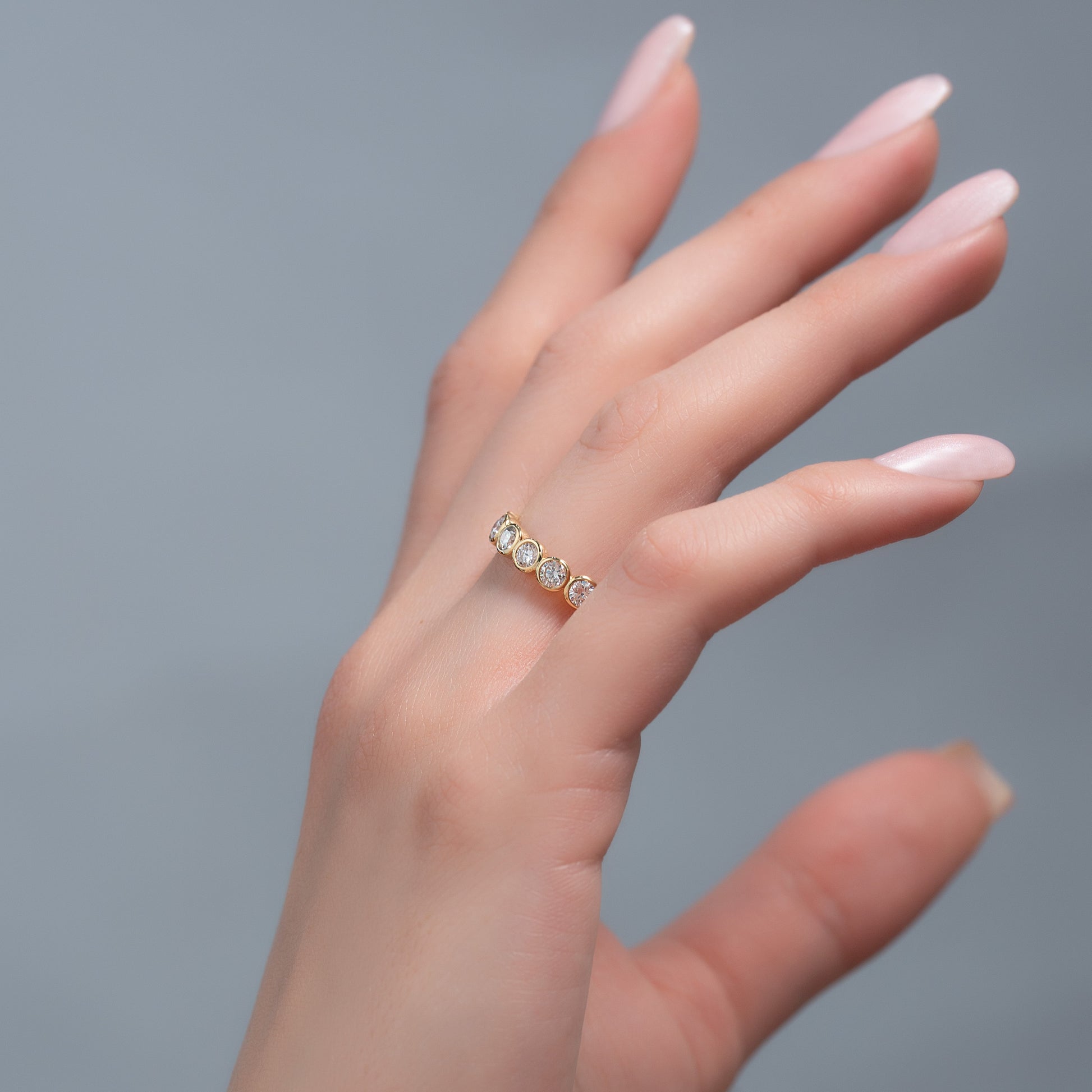 Yellow :: close up 1.5ct round bezel lab diamond eternity ring yellow gold classic luxury look