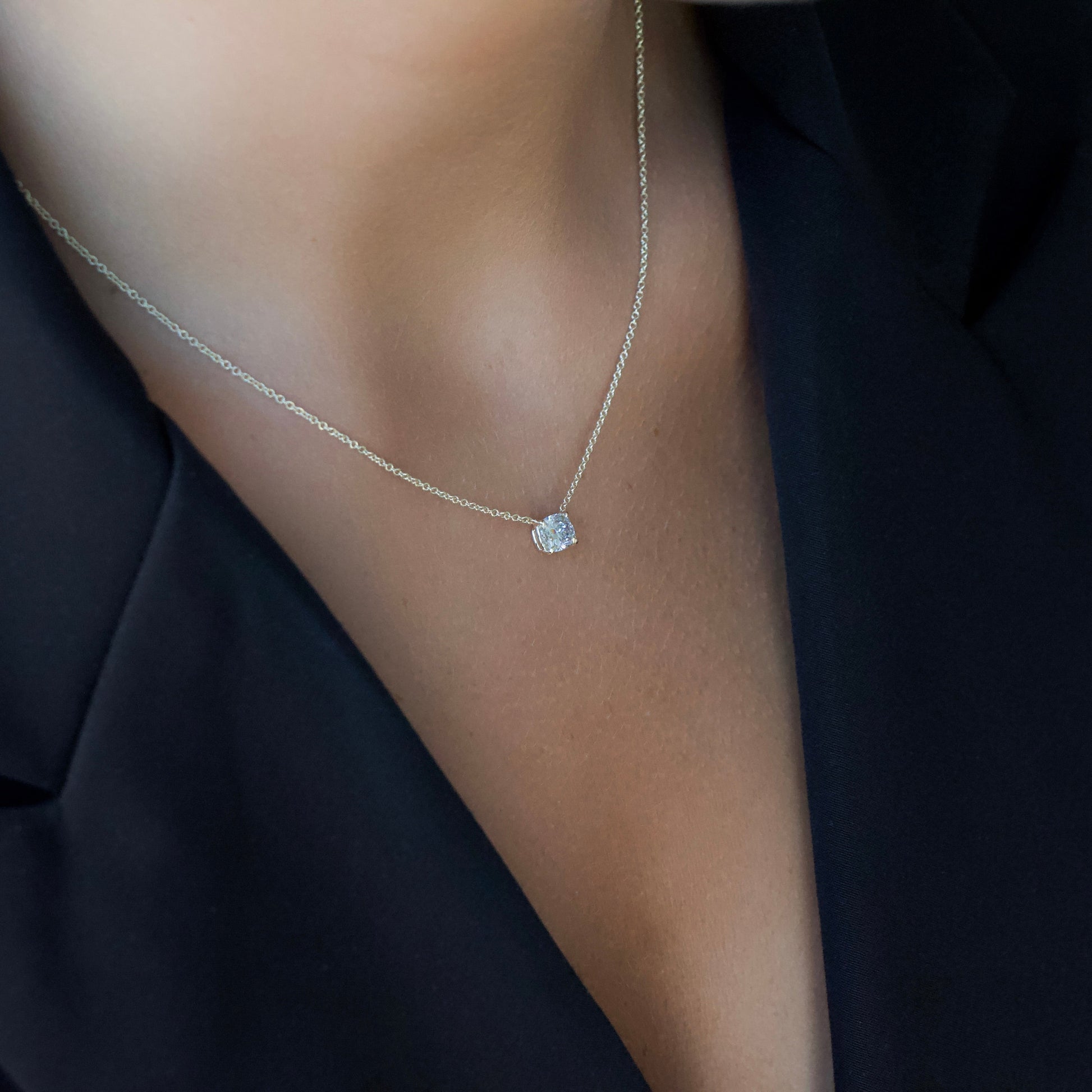 yellow :: elegant 0.8 ct elongated cushion lab diamond pendant in yellow gold