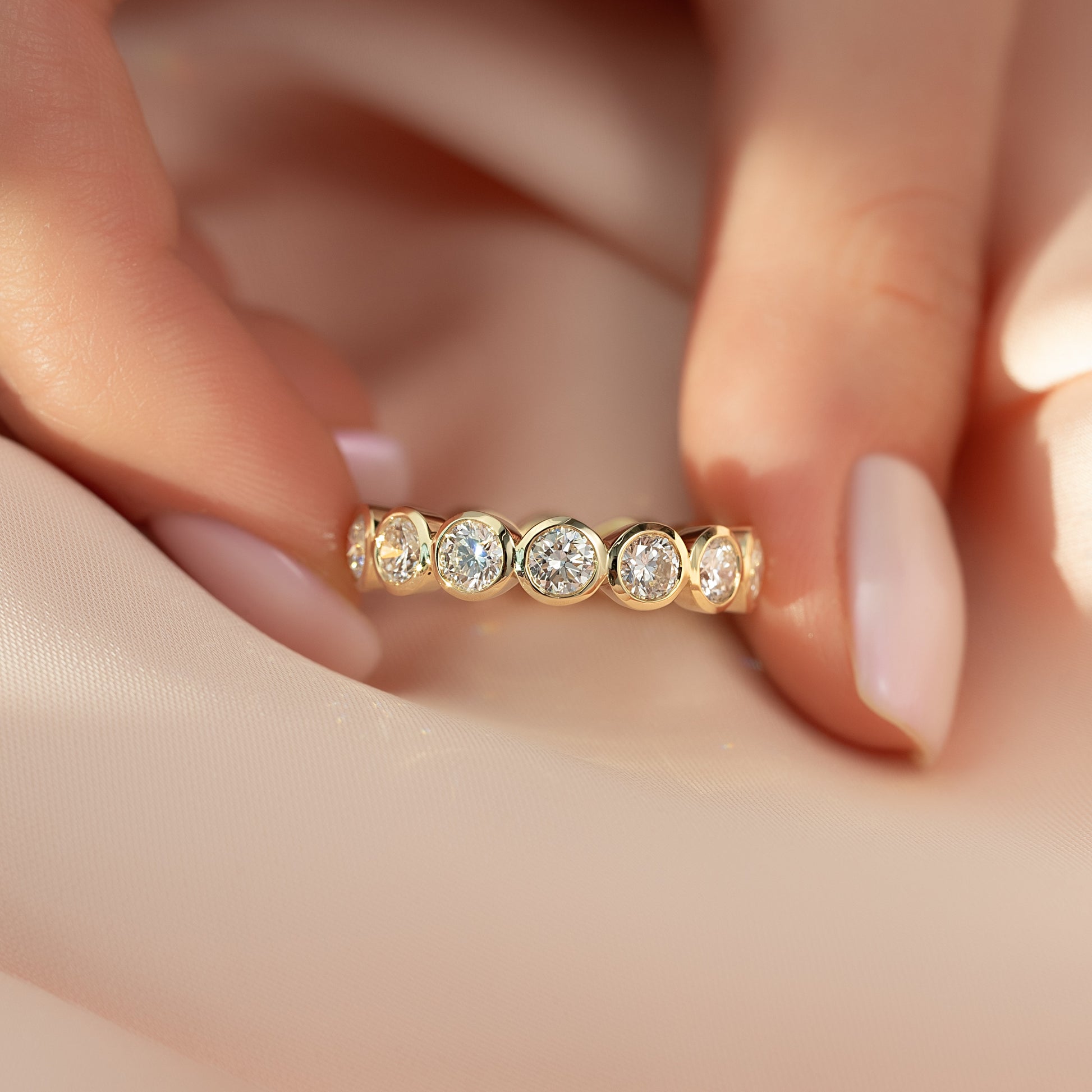 Yellow :: IGI certified 3.5ct round lab grown diamond bezel eternity ring yellow gold statement ring