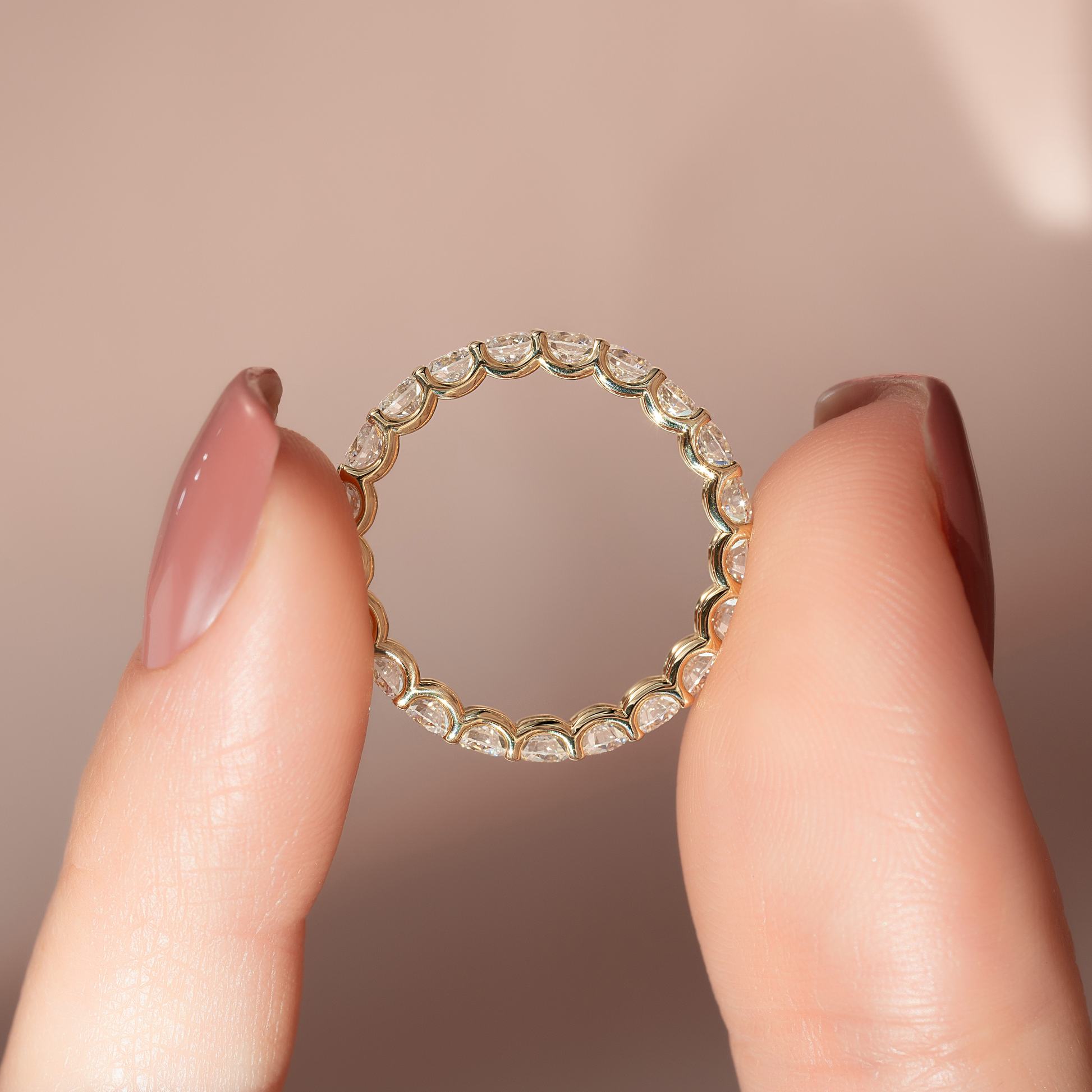 Yellow :: close up 2ct round u prong lab diamond eternity ring yellow gold bold sparkle