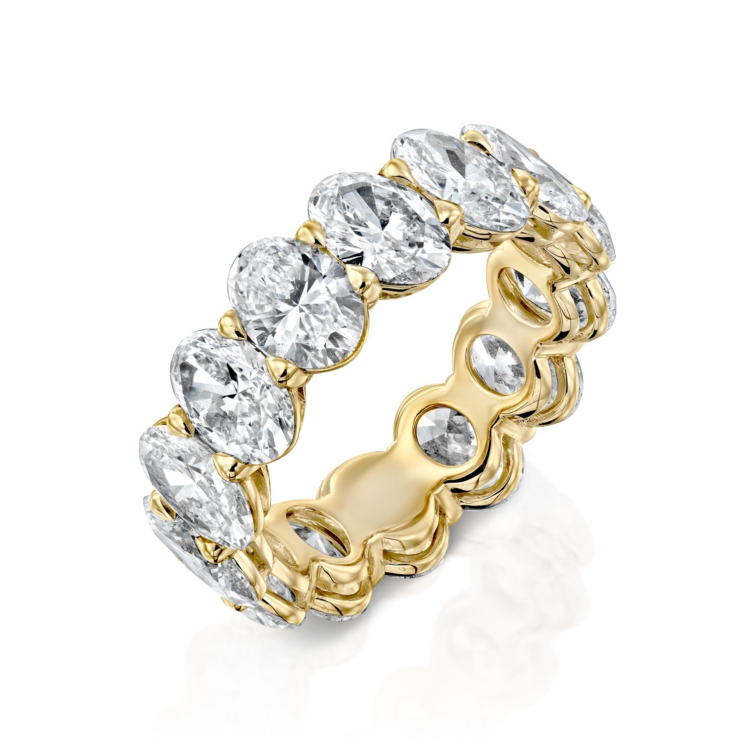 Yellow :: close up 3ct oval lab diamond eternity ring yellow gold brilliant sparkle